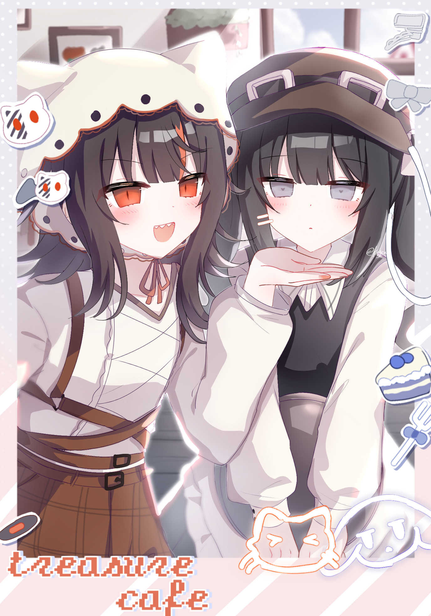 ksjsa, kurobe nanoka, sawatari coco, mahou shoujo no majo saiban, chinese commentary, commentary request, highres, 2girls, :d, animal ears, animal hat, black hair, blunt bangs, border, brown hat, brown skirt, cat ears, cat hat, fake animal ears, fake photograph, hat, holding, holding tray, indoors, long hair, long sleeves, looking at viewer, multicolored hair, multiple girls, official alternate costume, open mouth, sharp teeth, shirt, skirt, smile, standing, streaked hair, teeth, tray, treasure cafe, waitress, white border, white hat, white shirt