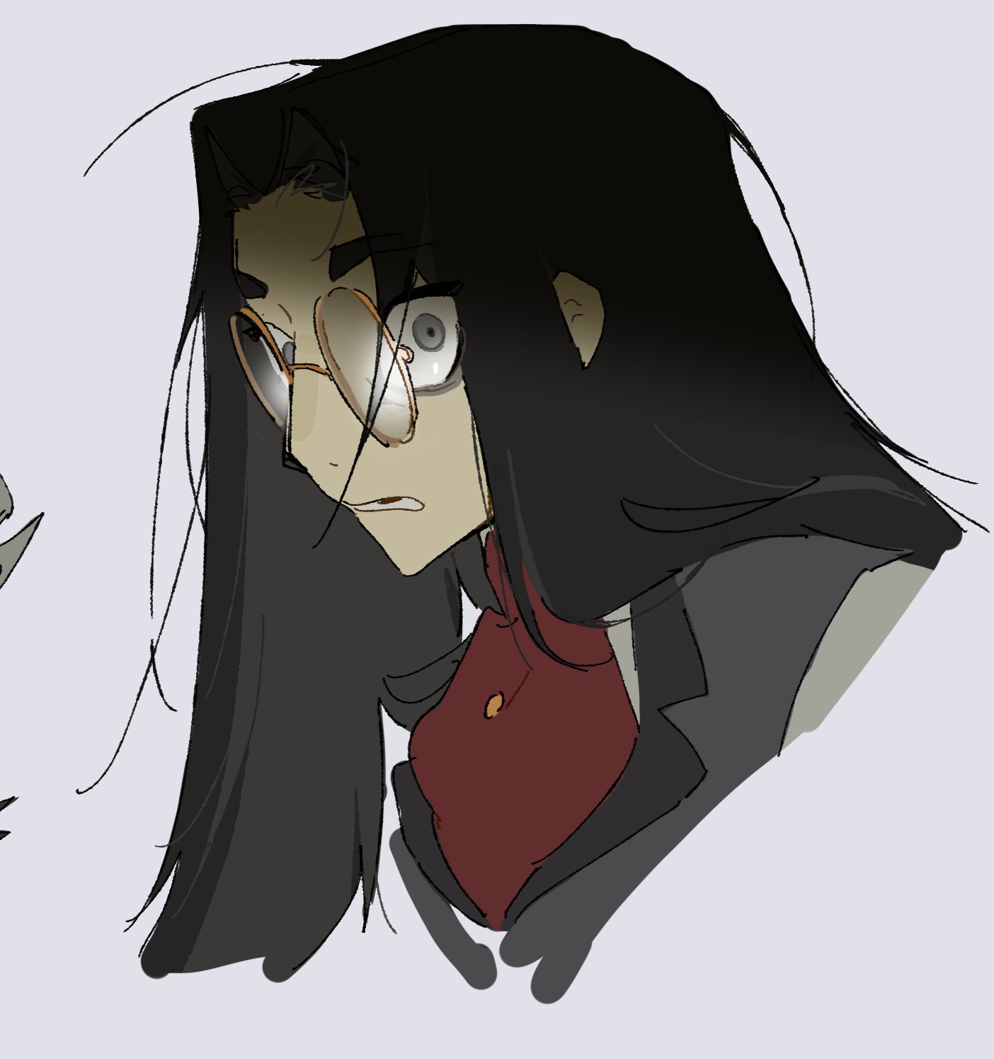 abcdefz 7, sir pentious, hazbin hotel, hellaverse, highres, 1boy, black hair, glasses, grey background, grey eyes, grey vest, long hair, looking at viewer, male focus, portrait, round eyewear, simple background, sir pentious (human), vest