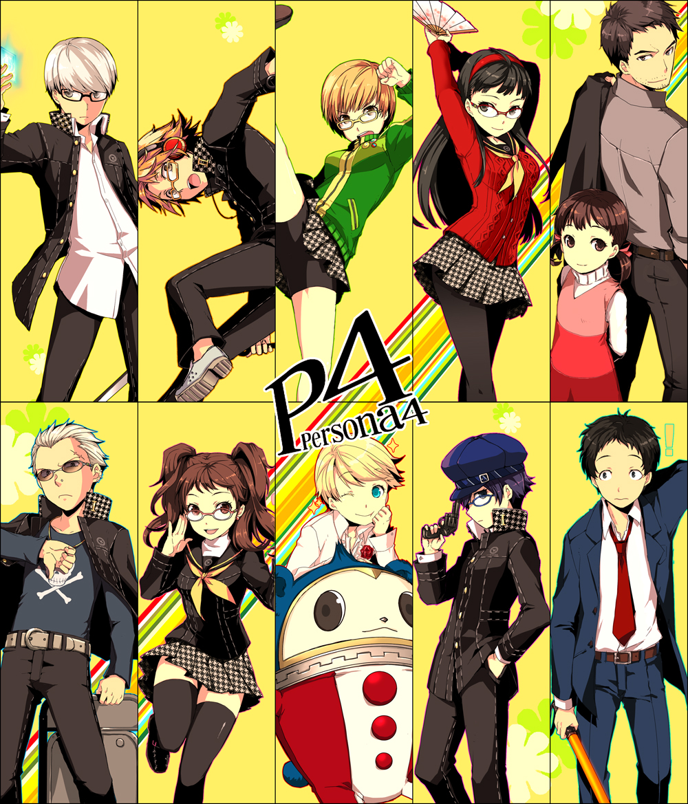 saeuchobab, tonkotsu ramen, adachi tooru, amagi yukiko, doujima nanako, doujima ryoutarou, hanamura yousuke, kujikawa rise, kuma (persona 4), narukami yu, satonaka chie, shirogane naoto, tatsumi kanji, atlus, persona, persona 4, 5girls, 6+boys, androgynous, bike shorts, black hair, blonde hair, blue-framed eyewear, blue eyes, blue hair, brown eyes, brown hair, chair, everyone, folding chair, glasses, grey hair, gun, hand fan, hand in pocket, handgun, hat, jacket, jacket on shoulders, jacket over shoulder, kicking, multiple boys, multiple girls, newsboy cap, pantyhose, pink-framed eyewear, red-framed eyewear, red hair, reverse trap, revolver, school uniform, serafuku, short hair, skirt, skull and crossbones, sword, thighhighs, twintails, unworn jacket, weapon, yellow-framed eyewear, zettai ryouiki