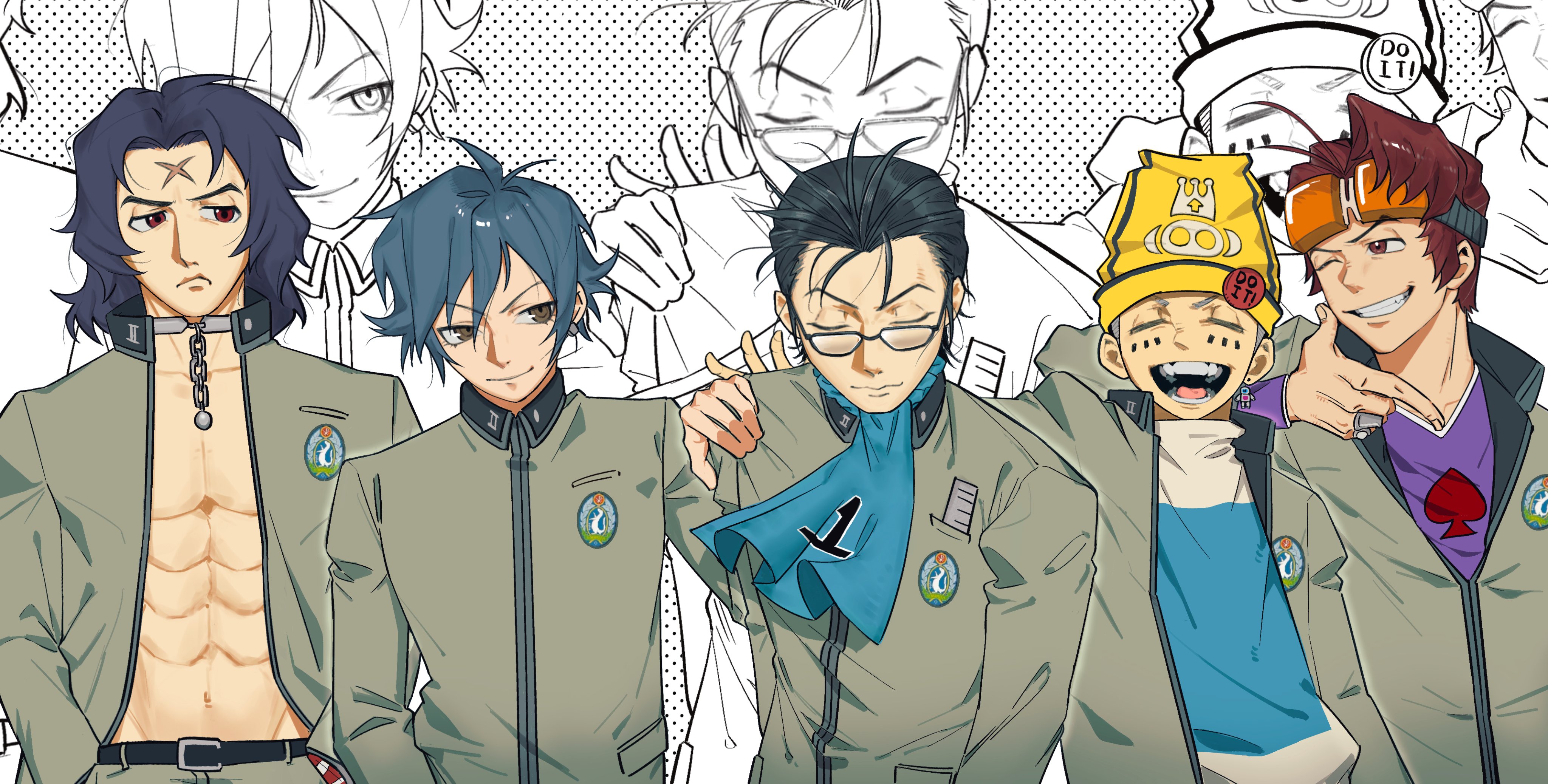 inaba masao, kido reiji, nanjou kei, toudou naoya, uesugi hidehiko, persona, persona 1, absurdres, highres, 5boys, abs, ascot, black hair, blue ascot, blue hair, brown eyes, brown hair, catfish05, chain, closed eyes, closed mouth, eyewear on head, glasses, grey jacket, hand on another's shoulder, hands in pockets, jacket, long sleeves, looking at another, looking to the side, male focus, medium hair, multiple boys, open clothes, open jacket, open mouth, red eyes, school uniform, short hair, simple background, smile, spade print, st. hermelin school uniform, upper body, white background, yellow-hat, zoom layer