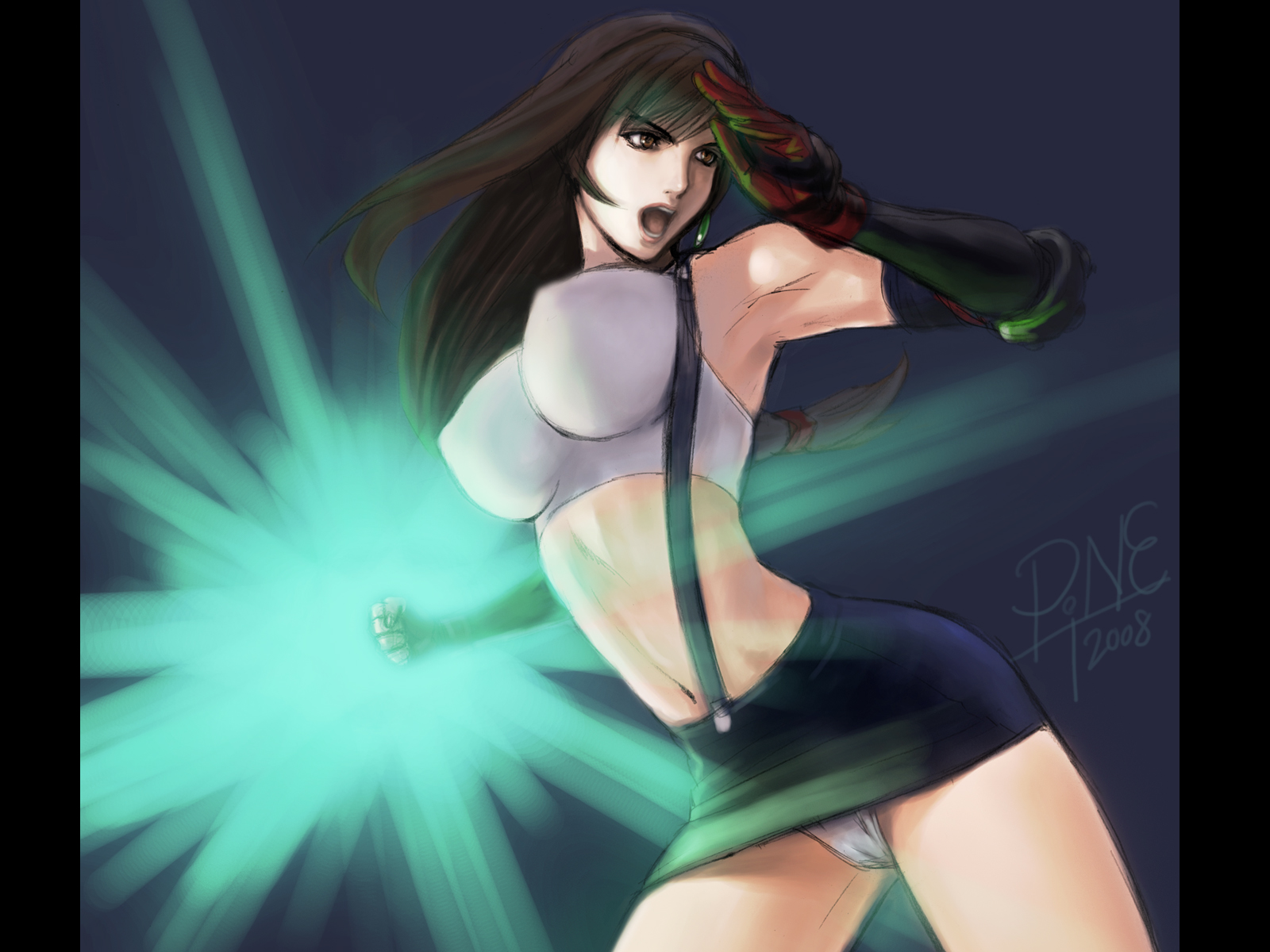 jayun, tifa lockhart, final fantasy, final fantasy vii, looking away, commentary, highres, 00s, 1girl, 2008, armpits, arms up, attack, bare shoulders, black hair, breasts, brown eyes, cameltoe, crop top, earrings, elbow gloves, elbow pads, falcon punch, female focus, fighting stance, final heaven, gloves, impossible clothes, impossible shirt, jewelry, large breasts, long hair, low-tied long hair, midriff, miniskirt, navel, open mouth, panties, pantyshot, parody, pencil skirt, ponytail, shirt, skirt, solo, suspender skirt, suspenders, underwear, upskirt, white panties