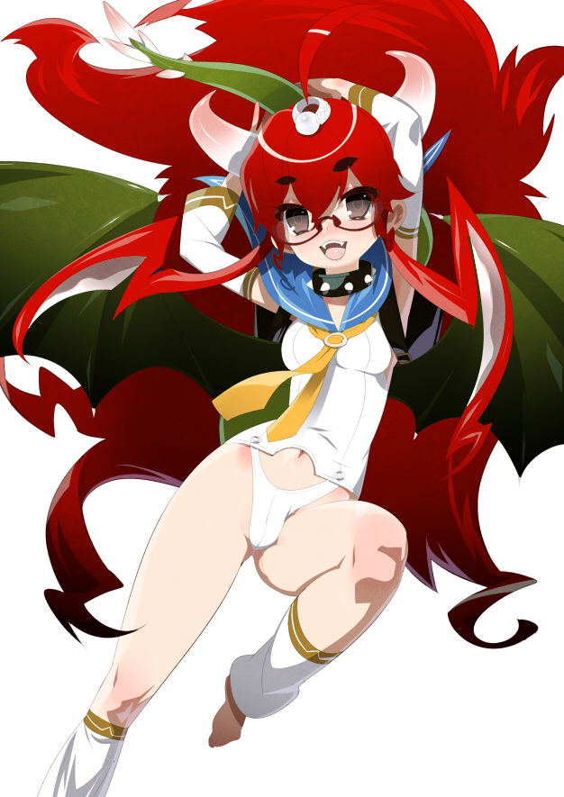 tensugi takashi, bad id, bad pixiv id, blush, bottomless, collar, fangs, glasses, horns, long hair, no pants, panties, red hair, socks, solo, spiked collar, spikes, tail, underwear, wings