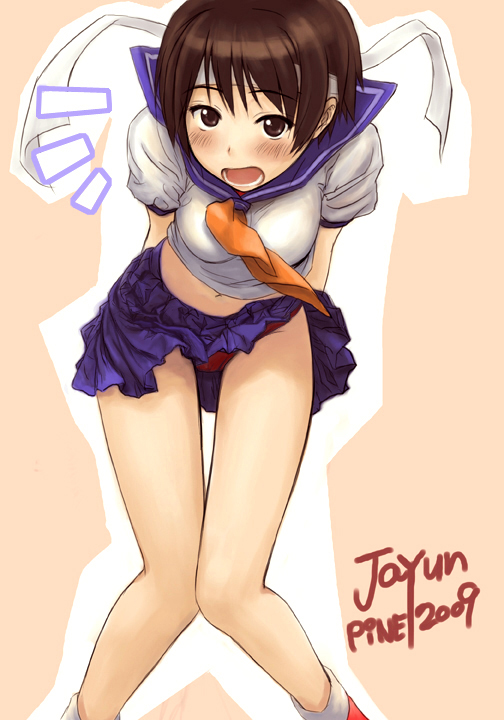 jayun, kasugano sakura, capcom, street fighter, commentary, 1girl, arms behind back, bent over, black eyes, blue sailor collar, blush, brown hair, buruma, clothes lift, female focus, headband, open mouth, panties, pantyshot, sailor collar, school uniform, serafuku, short hair, skirt, skirt lift, solo, surprised, thigh gap, thighs, underwear, wind, wind lift