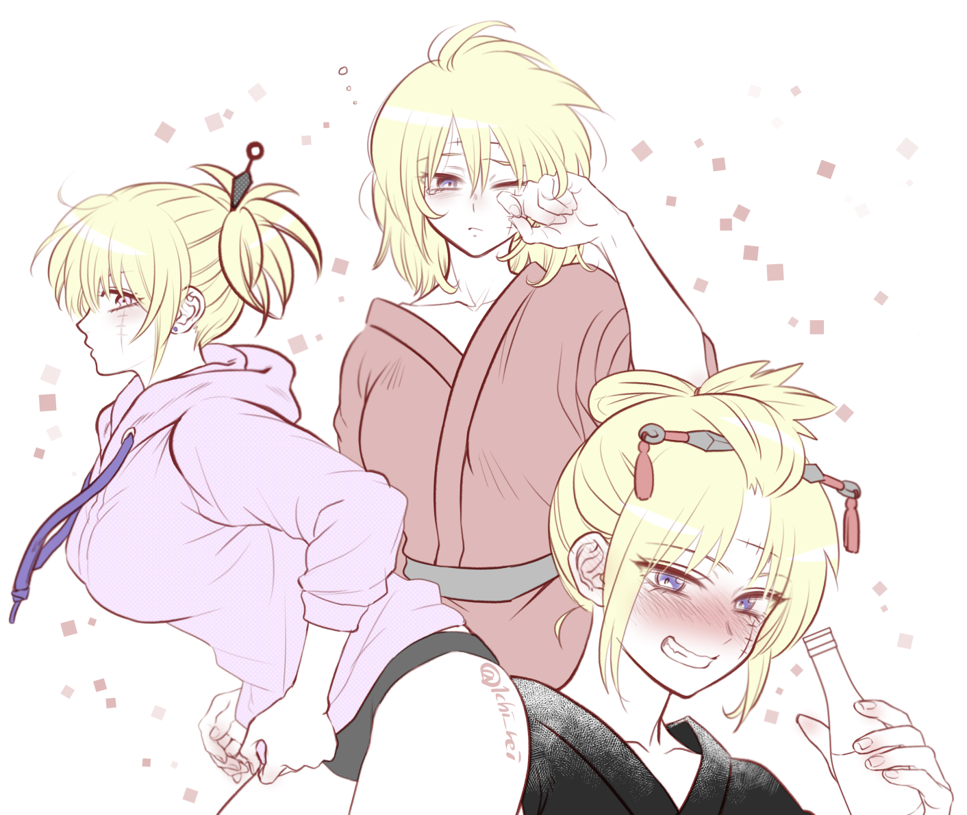 ninomae gin, tsukuyo (gintama), gintama, 1girl, artist name, black buruma, black kimono, blonde hair, blue eyes, bottle, breasts, buruma, closed mouth, collarbone, drunk, ear piercing, grin, hair down, holding, holding bottle, hood, hood down, hoodie, japanese clothes, kimono, kunai hair ornament, large breasts, looking at viewer, medium hair, multiple views, piercing, pink hoodie, ponytail, red kimono, rubbing eyes, sake bottle, scar, scar on face, sidelocks, simple background, smile, squeans, stitches, tearing up, teeth, waking up, white background