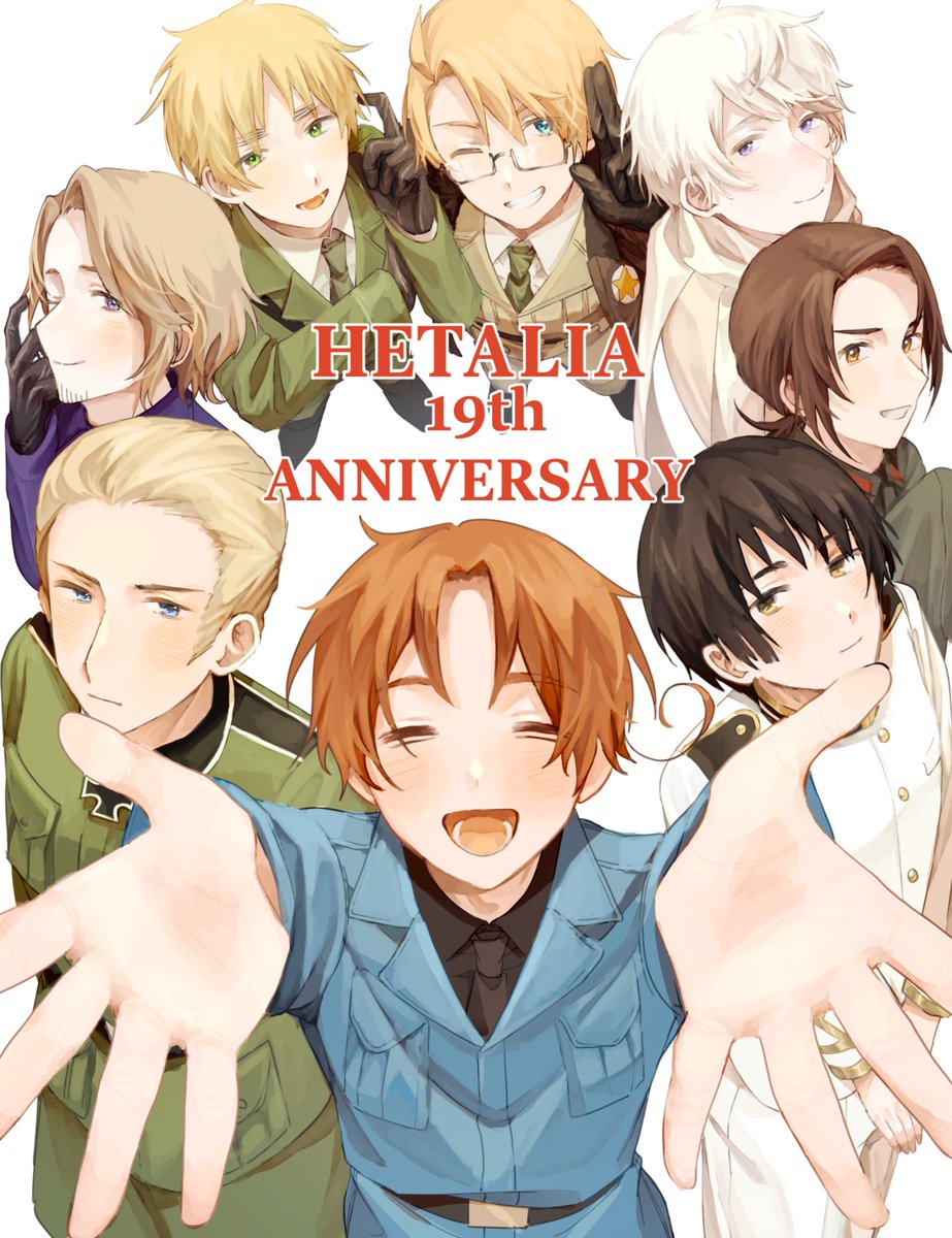 america (hetalia), china (hetalia), france (hetalia), germany (hetalia), japan (hetalia), northern italy (hetalia), russia (hetalia), united kingdom (hetalia), axis powers hetalia, commentary request, highres, 6+boys, ahoge, anniversary, arms up, baggy pants, belt, black belt, black boots, black gloves, black hair, black necktie, black shirt, blonde hair, blue eyes, blue jacket, blush, boots, breast pocket, brown hair, brown jacket, brown pants, buttons, closed eyes, closed mouth, coat, collared jacket, collared shirt, copyright name, cross, english text, everyone, facial hair, fur-trimmed jacket, fur trim, glasses, gloves, green jacket, green necktie, green pants, grey-framed eyewear, hair between eyes, hand up, happy, harutoro 39487, iron cross, jacket, lapels, leather, leather gloves, long hair, long sleeves, looking at viewer, low ponytail, male focus, military, military jacket, military uniform, multiple boys, necktie, one eye closed, open clothes, open jacket, open mouth, pants, pocket, ponytail, purple eyes, purple jacket, scarf, semi-rimless eyewear, shirt, short hair, simple background, smile, star (symbol), star print, teeth, tongue, v-shaped eyebrows, white background, white coat, white hair, white jacket, white pants, white scarf, white shirt, wide sleeves, yellow eyes