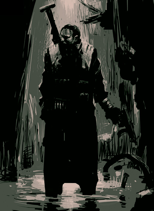 fcp, original, commentary, 1boy, dark, gun, load bearing vest, male focus, manly, military, military uniform, monochrome, scorpion, solo, standing, submachine gun, vest, water, weapon