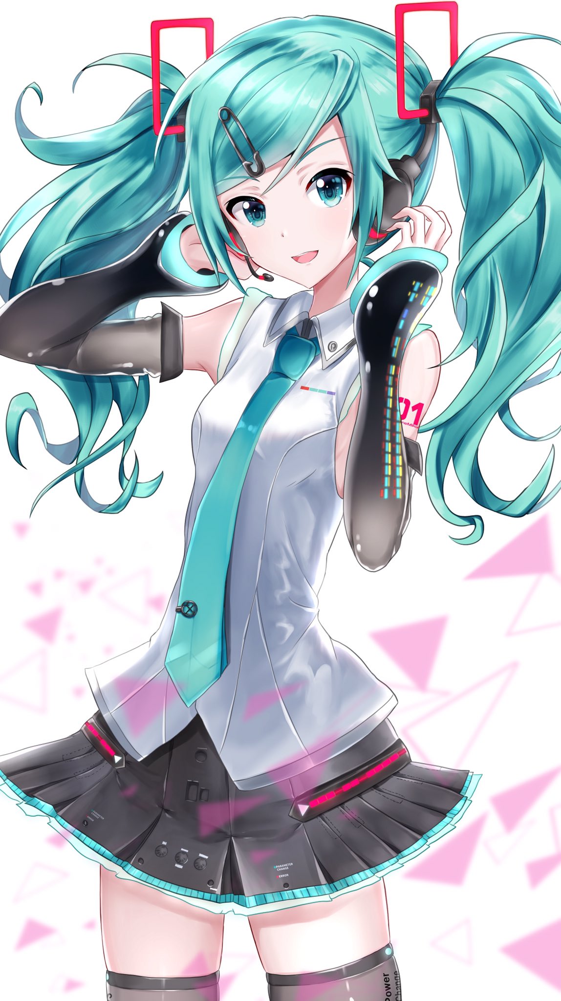 itogari, hatsune miku, hatsune miku (vocaloid4), leo/need miku, project sekai, vocaloid, commentary, highres, 1girl, aqua eyes, aqua hair, aqua necktie, arm tattoo, black skirt, black sleeves, black thighhighs, breasts, cosplay, cowboy shot, detached sleeves, hair between eyes, hair ornament, hatsune miku (cosplay), headphones, headset, jewelry, long hair, looking at viewer, medium breasts, miniskirt, necktie, number tattoo, open mouth, pleated skirt, see-through clothes, see-through legwear, self cosplay, shirt, simple background, skirt, sleeveless, sleeveless shirt, smile, solo, tattoo, thighhighs, twintails, v4x, very long hair, white background, white shirt, zettai ryouiki