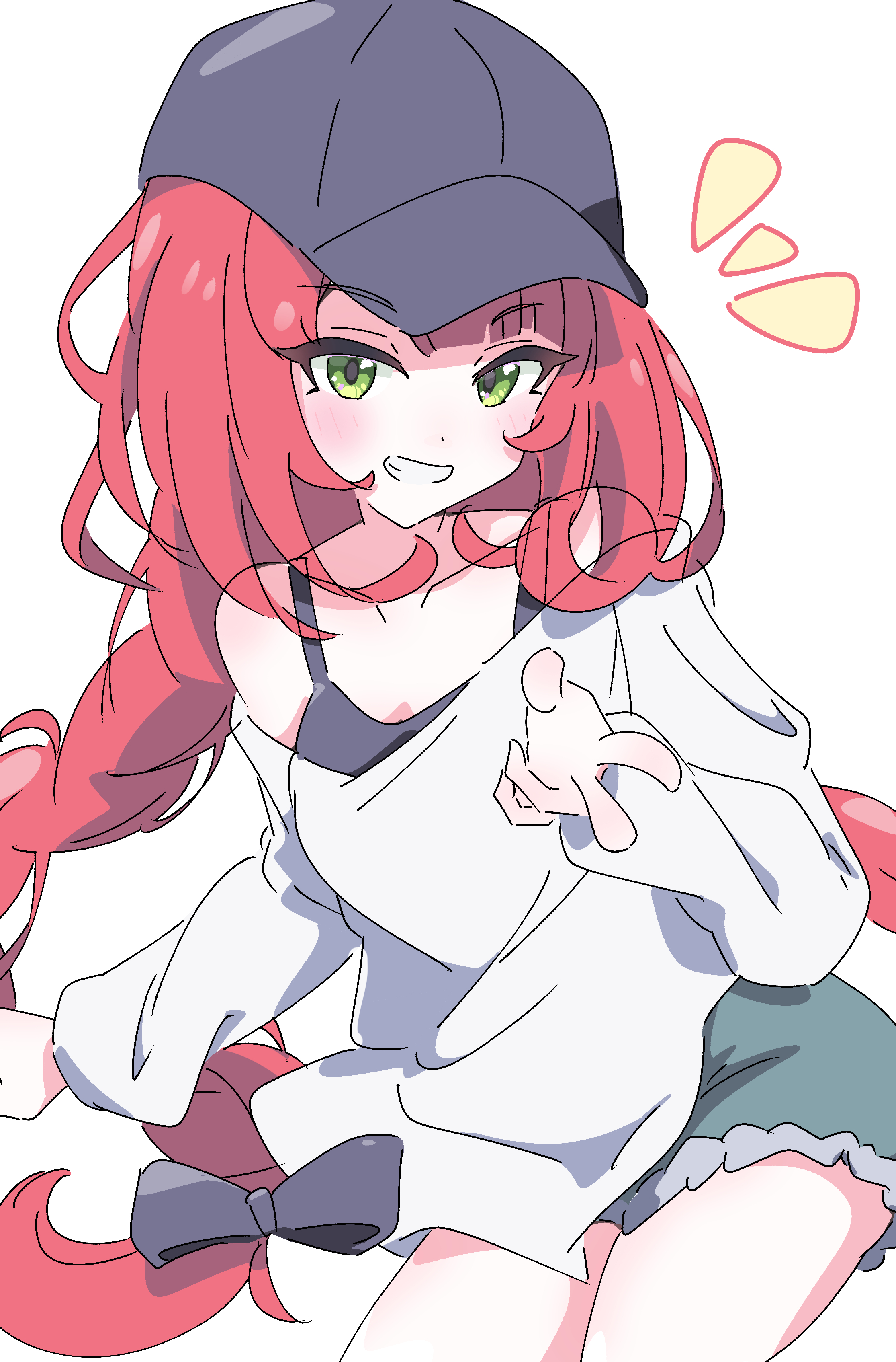 hutsugyou, ukinami yuzuha, zenless zone zero, absurdres, commentary request, highres, 1girl, alternate costume, bare shoulders, baseball cap, black bow, black tank top, blush, bow, breasts, collarbone, cowboy shot, fur-trimmed shorts, fur trim, green shorts, grey eyes, grin, hair bow, hat, leaning to the side, long hair, looking at viewer, notice lines, off shoulder, red hair, shirt, shorts, simple background, small breasts, smile, solo, tank top, twintails, w, white background, white shirt