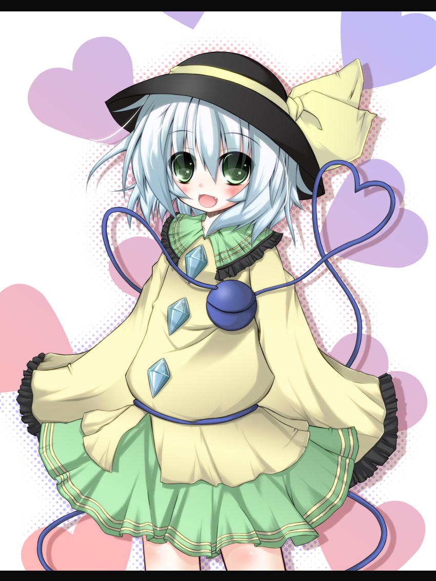 futase hijiri, sousera kiyoshi, komeiji koishi, touhou, silver hair, 1girl, fang, female focus, green eyes, hat, heart, heart of string, letterboxed, ribbon, short hair, solo