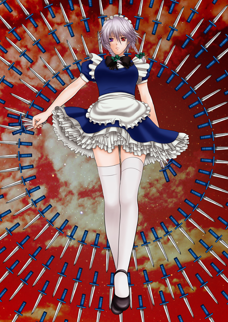galaxy blue, izayoi sakuya, embodiment of scarlet devil, touhou, silver hair, 1girl, braid, female focus, full body, heterochromia, knife, maid, outdoors, purple eyes, red eyes, short hair, sky, solo, thighhighs, throwing knife, twin braids, weapon