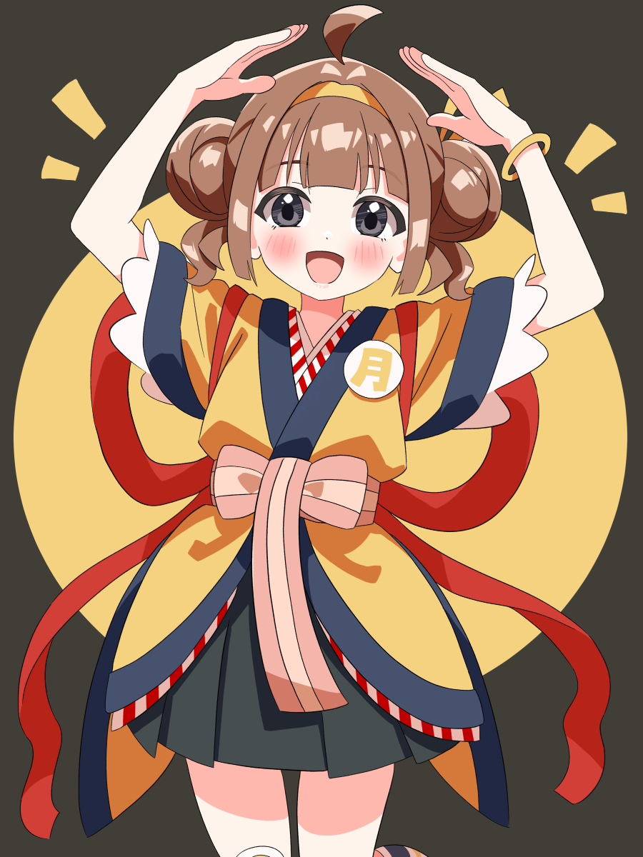 yokoshima akunusu, imadake tsukimi tabemi, mcdonald's, commentary, highres, 1girl, :d, ahoge, arms up, badge, black eyes, black skirt, brown hair, button badge, double bun, hair bun, hairband, japanese clothes, kimono, looking at viewer, miniskirt, open mouth, pleated skirt, sash, short hair, short sleeves, simple background, skirt, smile, solo, standing, tasuki, yellow kimono