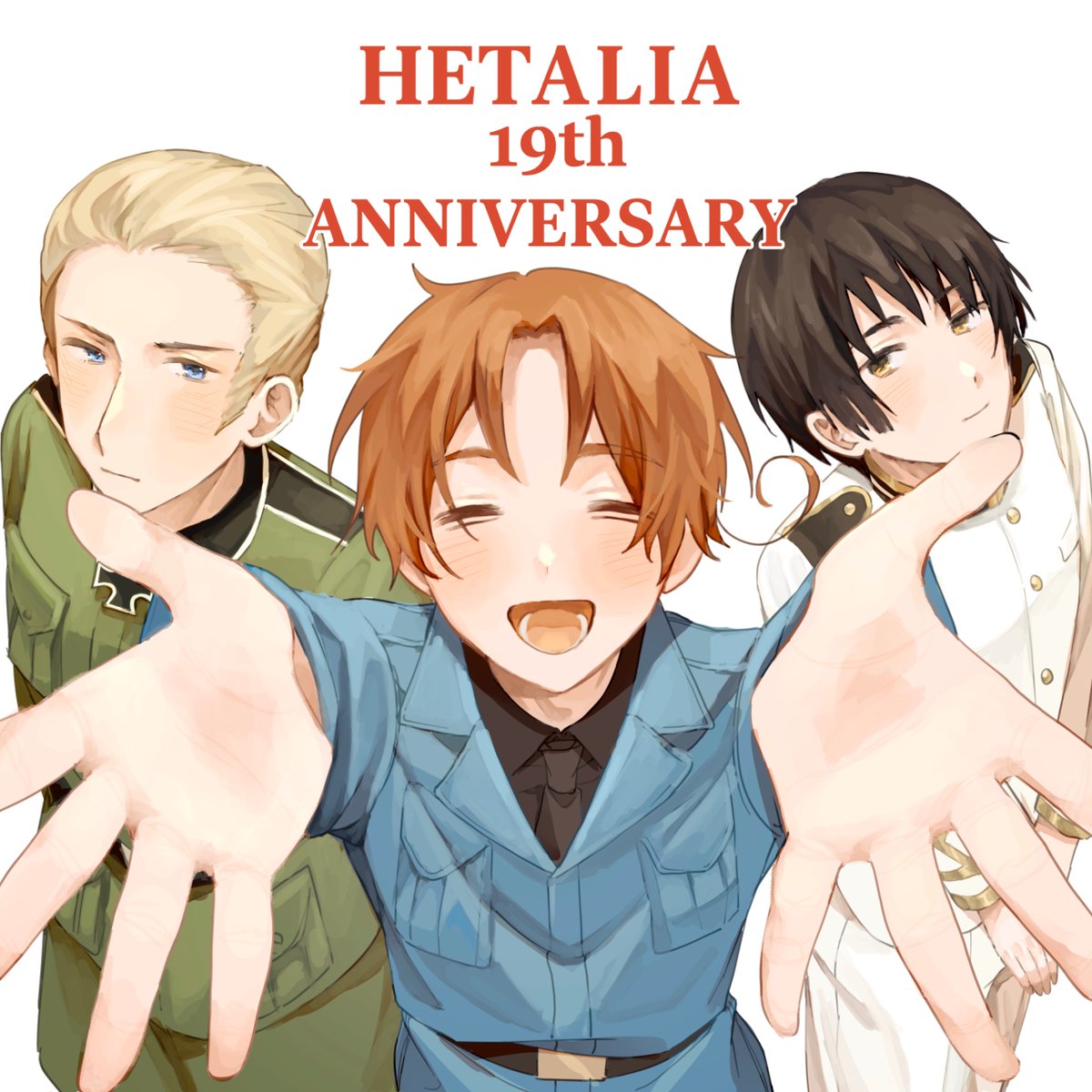 germany (hetalia), japan (hetalia), northern italy (hetalia), axis powers hetalia, highres, 3boys, ahoge, anniversary, arms up, baggy pants, belt, black belt, black hair, black necktie, black shirt, blonde hair, blue eyes, blue jacket, blush, breast pocket, brown hair, buttons, closed eyes, closed mouth, collared jacket, collared shirt, copyright name, cross, english text, green jacket, green pants, harutoro 39487, iron cross, jacket, lapels, long sleeves, looking at viewer, male focus, military, military jacket, military uniform, multiple boys, necktie, open mouth, pants, pocket, shirt, short hair, simple background, smile, standing, teeth, tongue, white background, white jacket, white pants, yellow eyes