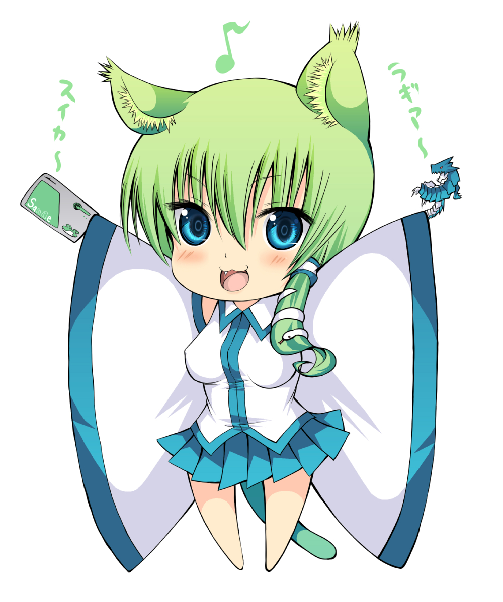 daive, kochiya sanae, suica, touhou, bad id, bad pixiv id, translation request, >:3, 1girl, :3, animal ears, blue eyes, blush, cat ears, cat girl, cat tail, chibi, detached sleeves, fang, female focus, green hair, hair ornament, happy, kemonomimi mode, musical note, open mouth, simple background, solo, tail, v-shaped eyebrows
