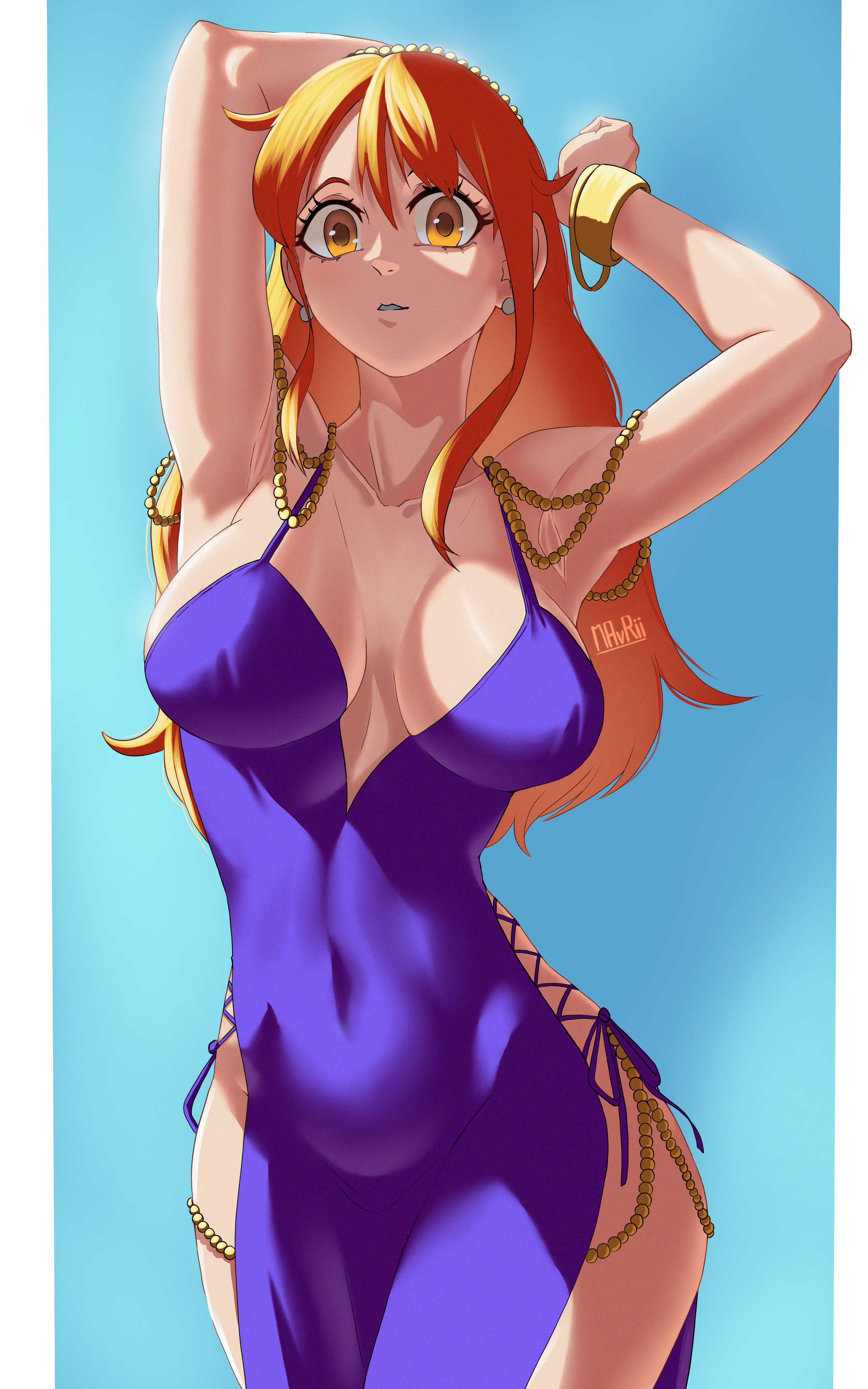 mavrii, nami (one piece), one piece, absurdres, commentary, highres, 1girl, arm behind head, armpits, arms up, bangle, bare shoulders, beads, blue background, bracelet, breasts, breasts apart, brown eyes, cleavage, covered navel, cowboy shot, cross-laced clothes, cross-laced dress, dress, earrings, hair beads, hair ornament, jewelry, large breasts, long hair, looking at viewer, official alternate costume, orange hair, parted lips, pearl earrings, purple dress, side-tie dress, sidelocks, solo, spaghetti strap