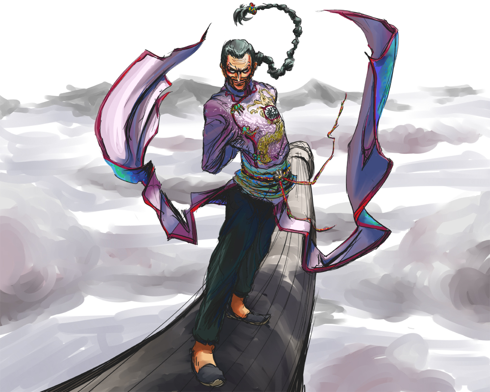 karuta, karuta (karutazia), tao pai pai, dragon ball, 1boy, braid, chinese clothes, facial hair, flying, grey hair, male focus, mustache, sketch, solo