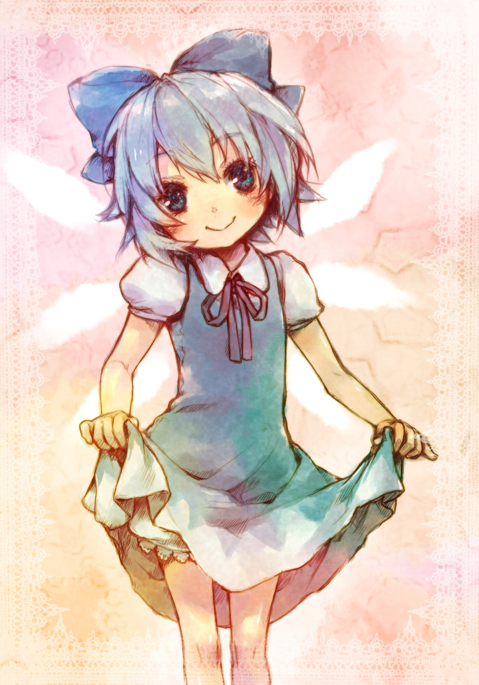 ameiro, cirno, embodiment of scarlet devil, touhou, bad id, bad pixiv id, 1girl, bloomers, blue eyes, blue hair, clothes lift, curtsey, dress, dress lift, female focus, matching hair/eyes, short hair, skirt hold, smile, solo, underwear, wings