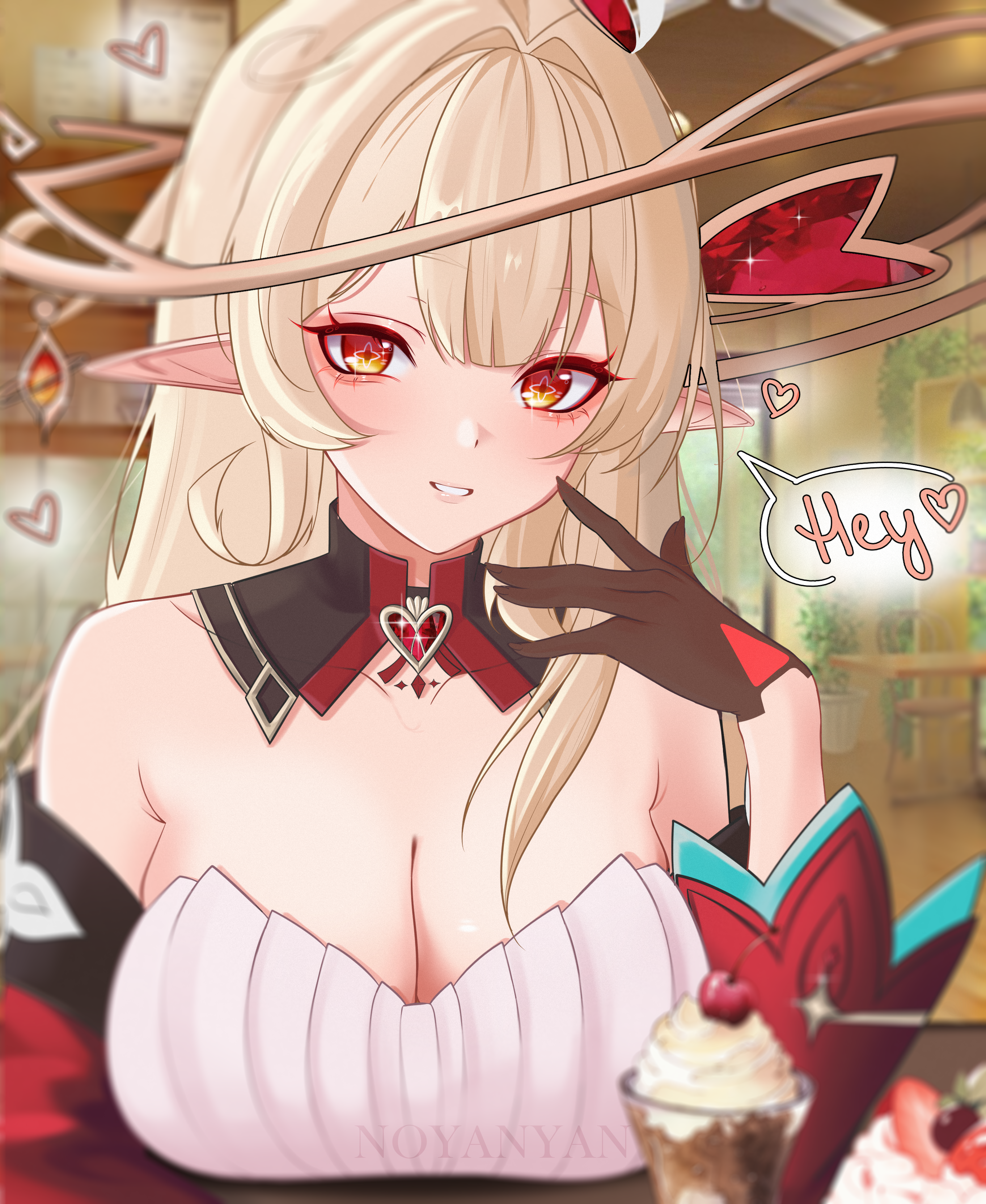 noya nyan, alice (genshin impact), genshin impact, absurdres, commentary, english commentary, highres, 1girl, alternate breast size (larger), bare shoulders, blonde hair, breasts, brown gloves, cherry, cowlick, detached sleeves, dress, elf, english text, food, fruit, gloves, heart-shaped gem, long hair, looking at viewer, open mouth, orange eyes, pointy ears, red dress, red sleeves, side ahoge, smile, speech bubble, whipped cream, wide sleeves