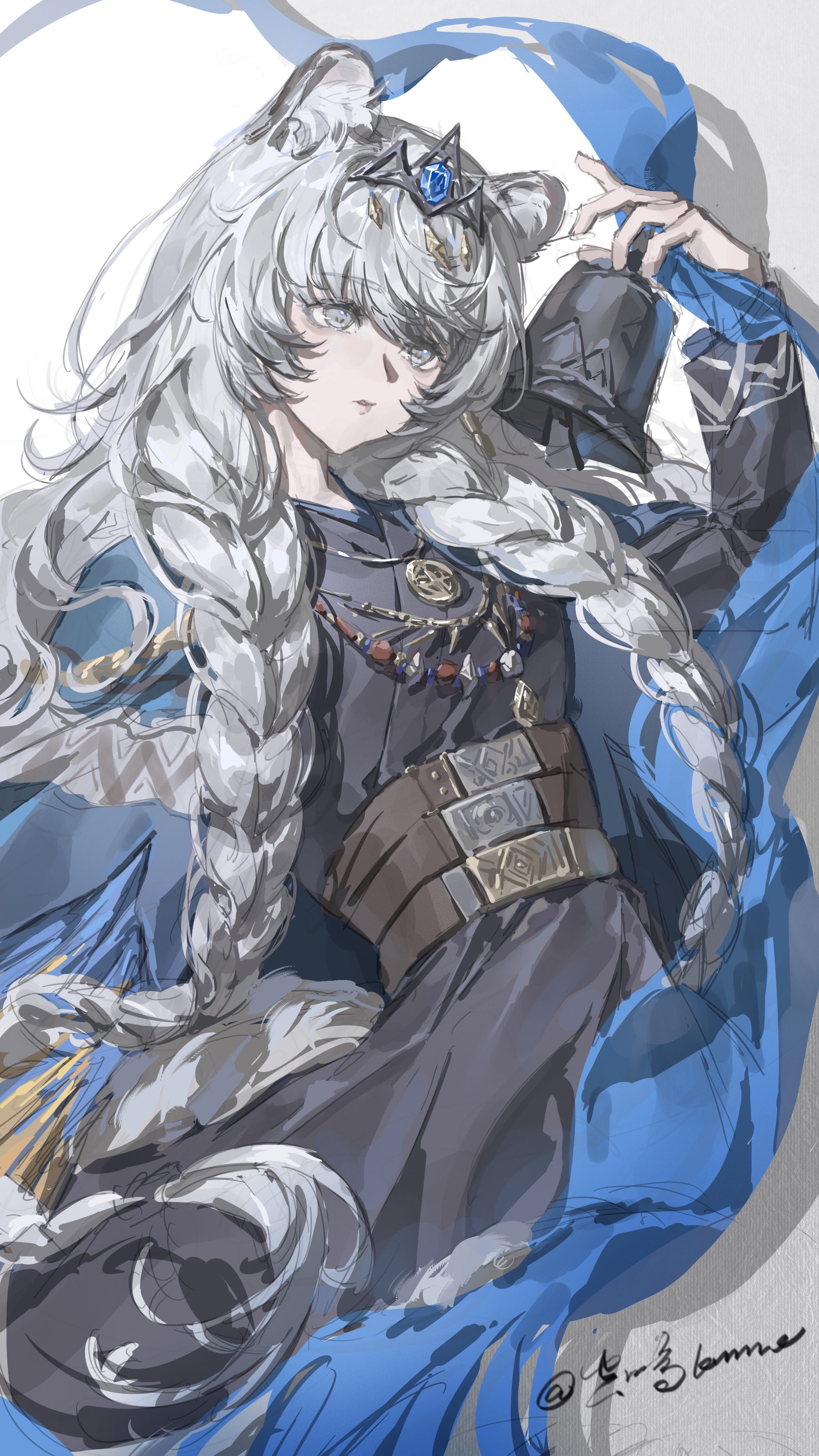 kong ming kmmo, pramanix (arknights), pramanix the prerita (arknights), arknights, absurdres, chinese commentary, commentary request, highres, 1girl, animal ear fluff, animal ears, bell, belt, black dress, blue cloak, blue shawl, braid, cloak, cowboy shot, dress, grey eyes, grey hair, hand up, jewelry, leopard ears, long hair, long sleeves, necklace, parted lips, shawl, simple background, snow leopard ears, snow leopard girl, solo, standing, tiara, twin braids, very long hair, white background