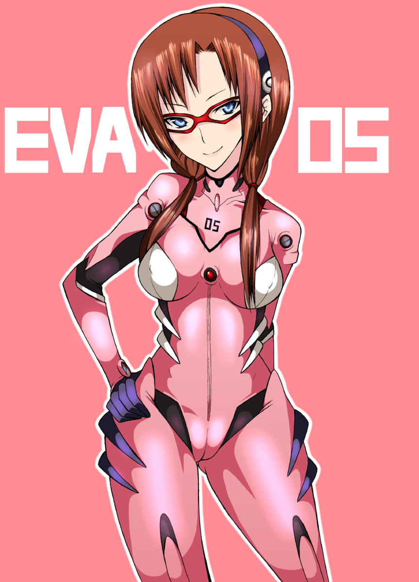 daive, makinami mari illustrious, neon genesis evangelion, rebuild of evangelion, bad id, bad pixiv id, highres, 00s, 1girl, blue eyes, breasts, brown hair, cameltoe, covered erect nipples, female focus, glasses, mecha pilot suit, medium breasts, plugsuit (evangelion), smile, solo