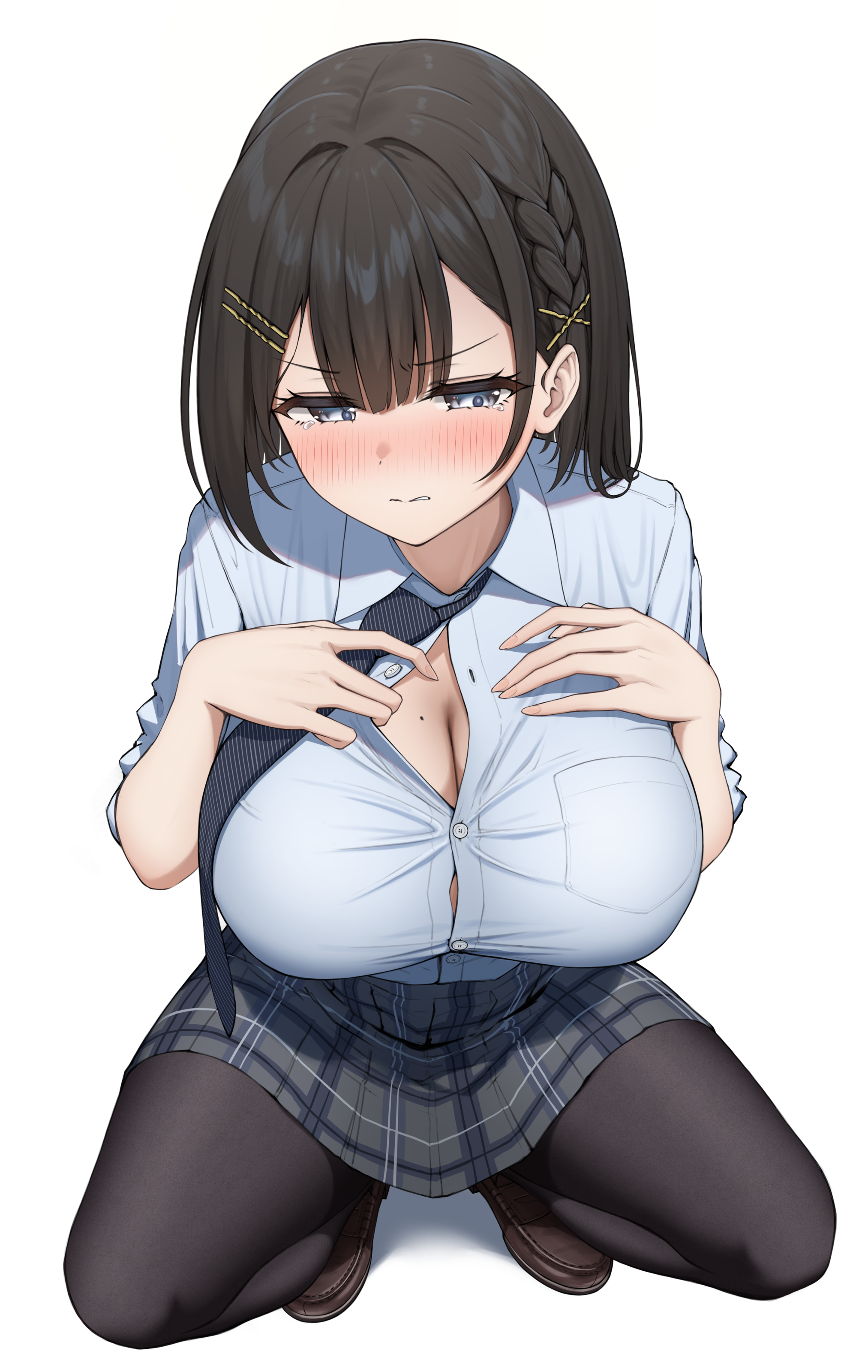 topgear, original, absurdres, highres, 1girl, averting eyes, black necktie, black pantyhose, blue eyes, blush, braid, breast pocket, breasts, brown shoes, button gap, buttons, cleavage, embarrassed, from above, full body, grey shirt, hair ornament, hairclip, hands on own chest, large breasts, loafers, looking down, medium hair, miniskirt, mole, mole on breast, necktie, necktie aside, pantyhose, parted lips, plaid clothes, plaid skirt, pocket, school uniform, shirt, shoes, short sleeves, side braid, simple background, skirt, solo, squatting, striped necktie, tearing up, tears, v-shaped eyebrows, white background, x hair ornament
