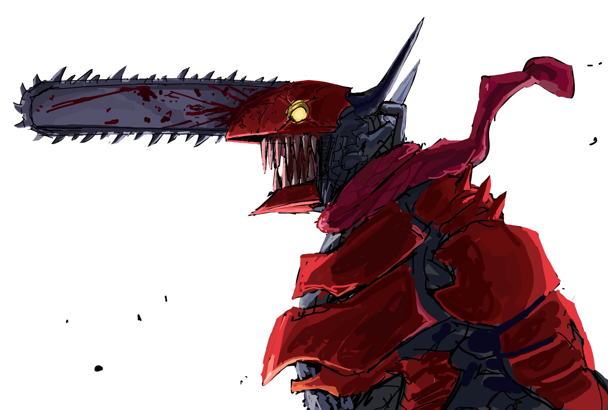chainsaw devil, denji (chainsaw man), chainsaw man, highres, 1boy, blood, bloody weapon, chainsaw, facing to the side, gigan (gigan1024896), horns, intestine clothing, intestines, male focus, open mouth, organs, scarf, sharp teeth, simple background, teeth, weapon