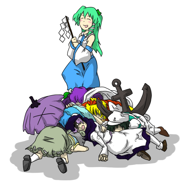 tao (white album), hijiri byakuren, kochiya sanae, kumoi ichirin, murasa minamitsu, nazrin, tatara kogasa, toramaru shou, touhou, 6+girls, anchor, animal ears, black hair, blonde hair, blue hair, closed eyes, female focus, green hair, grey hair, hat, karakasa obake, long hair, lying, mouse ears, multiple girls, parasol, purple hair, short hair, standing, umbrella, white background