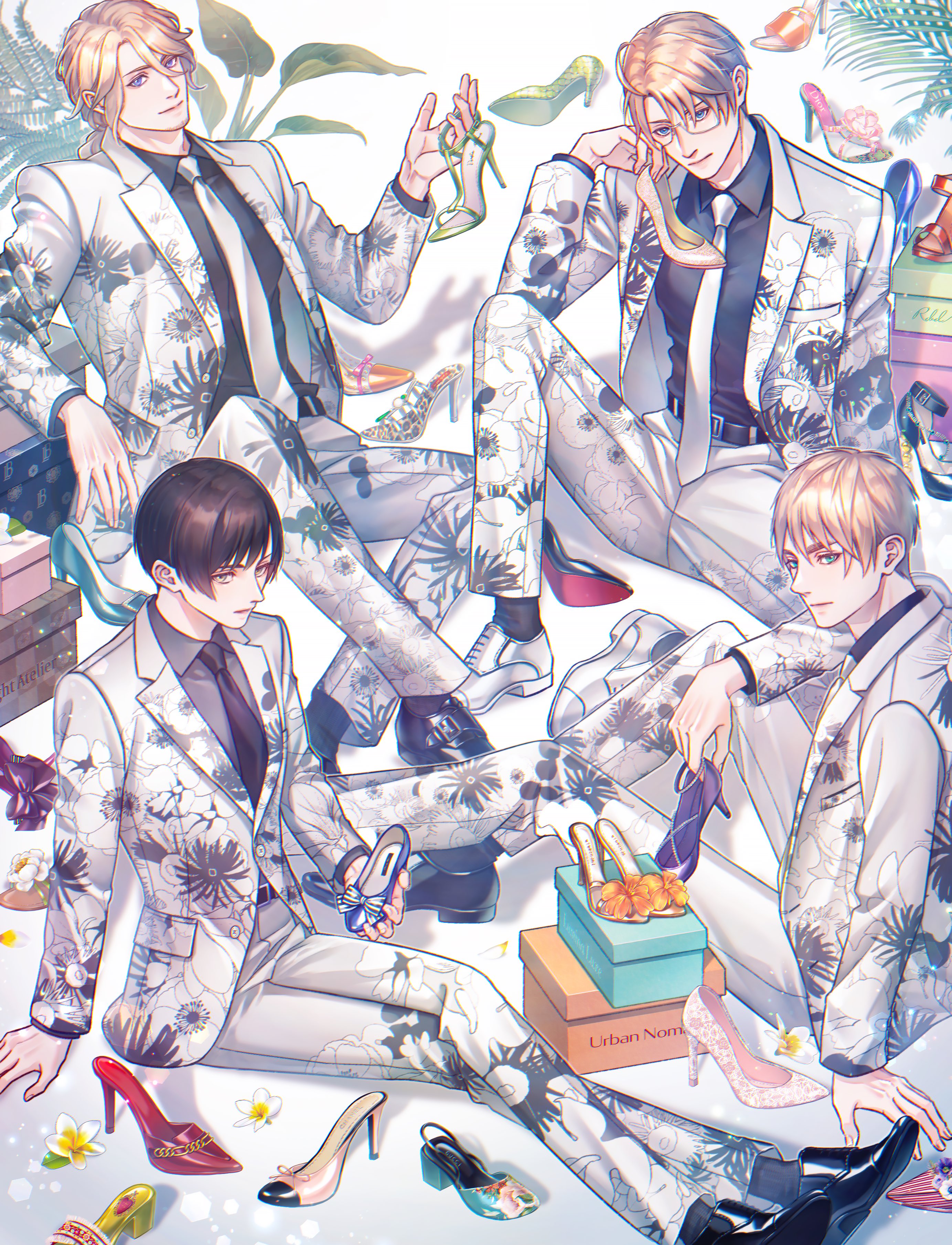 npyon, america (hetalia), france (hetalia), japan (hetalia), united kingdom (hetalia), axis powers hetalia, absurdres, commentary, highres, symbol-only commentary, 4boys, ahoge, animal print, aqua eyes, belt, black belt, black hair, black necktie, black shirt, black shoes, black socks, blonde hair, blue eyes, blue shoes, bow, box, buttons, chain, closed mouth, collared shirt, crossed legs, facial hair, fingernails, floral print, flower, formal clothes, from side, full body, glasses, gold chain, green shoes, grey-framed eyewear, grey shirt, hair between eyes, hand on own face, heart, heart print, high heels, jacket, lapels, leaf, leopard print, lips, long hair, long hair between eyes, long sleeves, looking at viewer, low ponytail, male focus, matching outfits, multiple boys, necktie, open clothes, open jacket, orange shoes, pink bow, pink shoes, plant, pocket, ponytail, product placement, purple bow, purple eyes, purple shoes, red shoes, semi-rimless eyewear, shadow, shirt, shoe box, shoes, short hair, sitting, smile, socks, striped bow, suit, suit jacket, white bow, white flower, white jacket, white necktie, white shoes, white suit, yellow eyes, yellow shoes