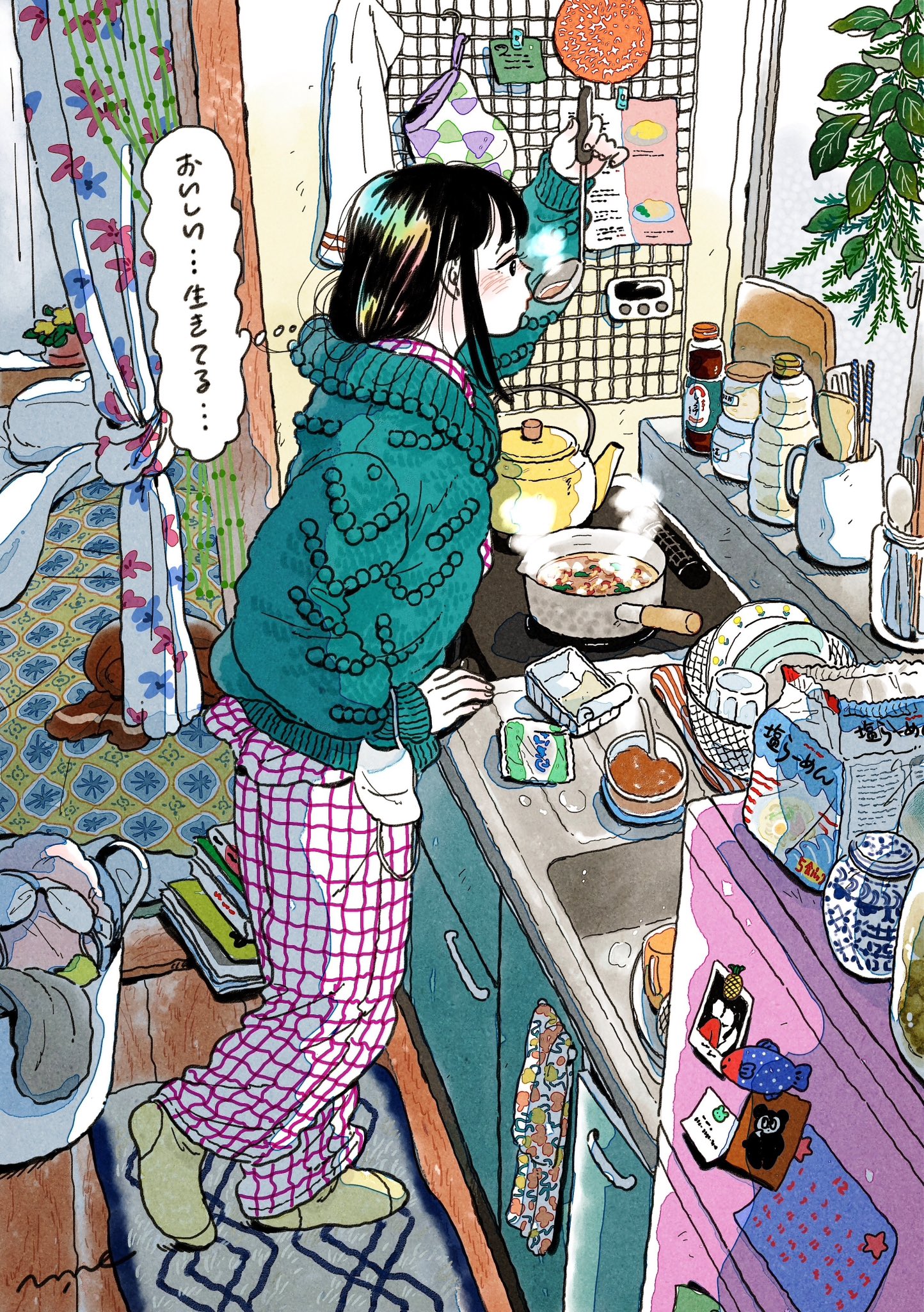 emamemamo33, original, commentary, highres, translated, 1girl, absurdly detailed composition, black eyes, black hair, blush, book, book stack, cabinet, calendar (object), colored skin, cooking, cooking pot, counter, cup, cupboard, curtains, cutting board, drinking, fingernails, food, from side, full body, futon, glass, grid, holding, holding ladle, indoors, iridescent hair, kitchen, kitchen knife, kitchen timer, knife, ladle, laundry, laundry basket, long sleeves, magnet, mask, miso soup, pajamas, pants, plant, plate, polaroid photo, refrigerator, sick, sidelocks, signature, sink, slice of life, socks, solo, soy sauce bottle, spatula, speech bubble, standing, steam, stove, sweater, teapot, thought bubble, tofu, unworn clothes, unworn mask, white skin, yellow socks