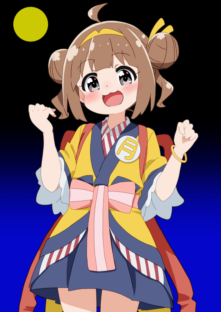 mizusaki johnko, imadake tsukimi tabemi, mcdonald's, commentary, 1girl, :d, ahoge, black eyes, blue skirt, bracelet, brown hair, cowboy shot, double bun, full moon, hair bun, hairband, japanese clothes, jewelry, kimono, looking at viewer, miniskirt, moon, open mouth, pleated skirt, sash, short hair, short sleeves, skirt, smile, solo, standing, striped clothes, tasuki, vertical-striped clothes, yellow hairband, yellow kimono