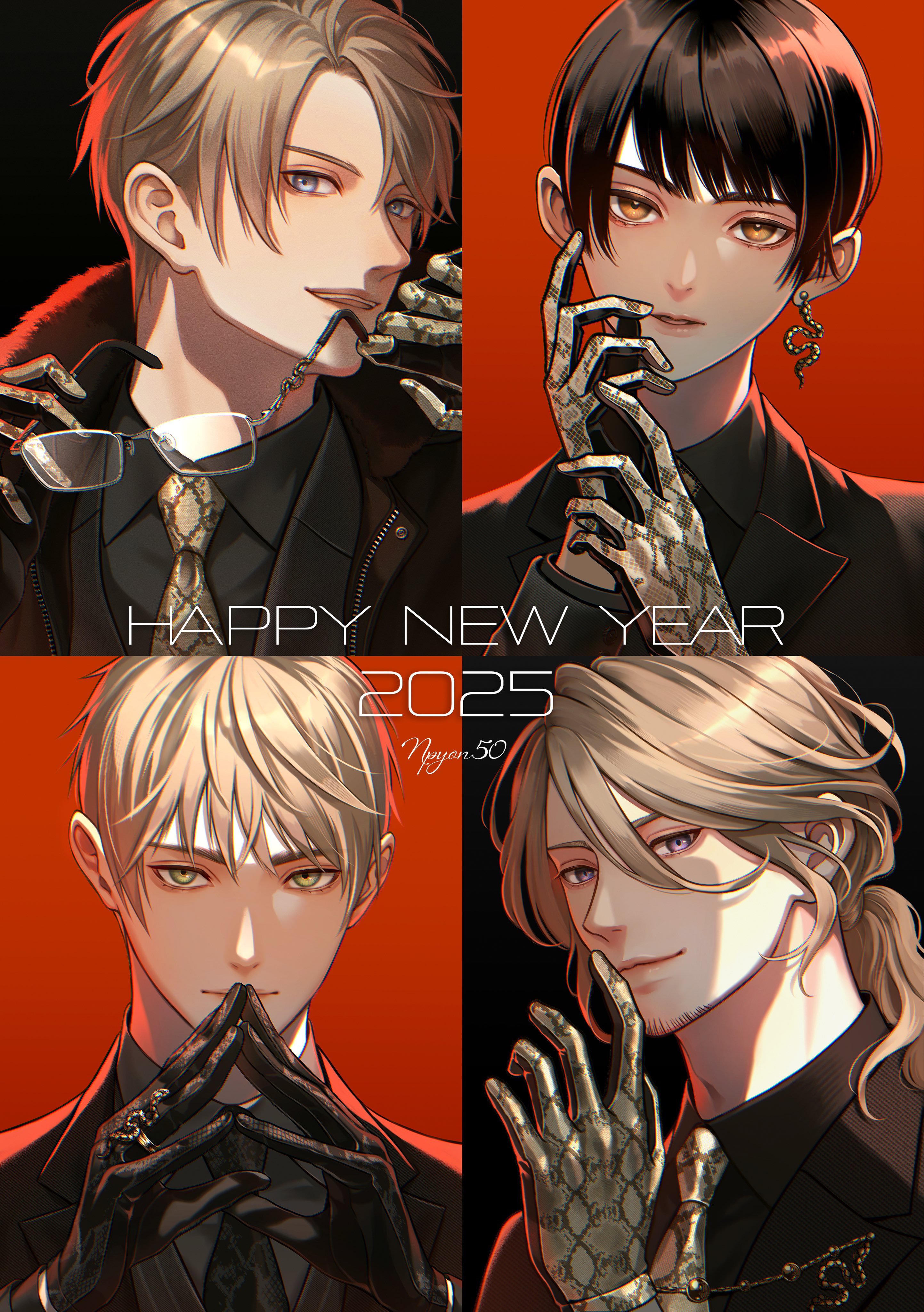 npyon, america (hetalia), france (hetalia), japan (hetalia), united kingdom (hetalia), axis powers hetalia, absurdres, commentary, english commentary, highres, 2025, 4boys, ahoge, artist name, black background, black gloves, black hair, black jacket, black necktie, black suit, blonde hair, blue eyes, closed mouth, collared shirt, earrings, english text, facial hair, formal clothes, fur-trimmed jacket, fur trim, gloves, green eyes, grey shirt, grey vest, hair between eyes, hand up, hands up, happy new year, holding, holding removed eyewear, jacket, jewelry, lapels, leather, leather gloves, lips, long hair, long sleeves, looking at viewer, low ponytail, male focus, multiple boys, necktie, new year, open clothes, open jacket, open mouth, orange eyes, own hands together, ponytail, purple eyes, red background, ring, shirt, short hair, simple background, single earring, smile, snake earrings, suit, suit jacket, teeth, unworn eyewear, upper body, vest, yellow gloves, yellow necktie