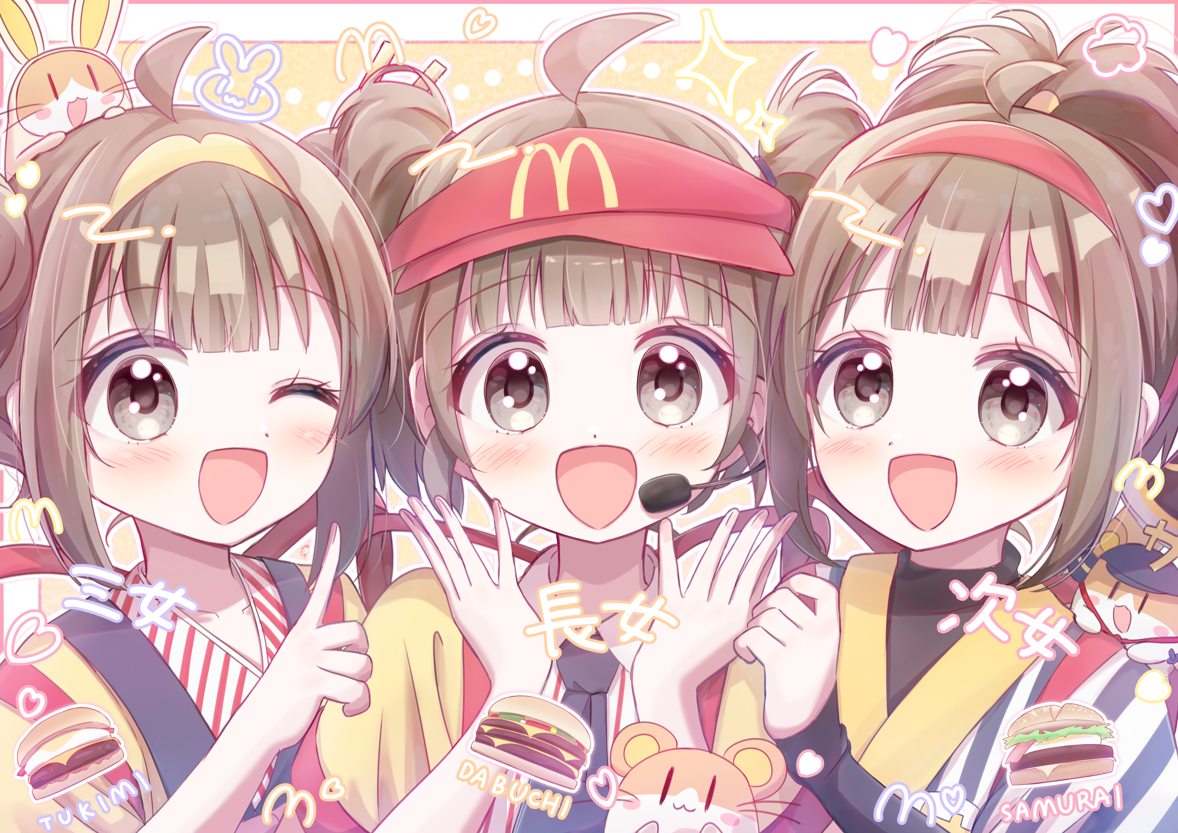 haruiroha, imadake dabuchi tabemi, imadake dabuchi tabesuke, imadake tsukimi tabemi, samurai tamago tabemi, mcdonald's, absurdres, highres, translated, 3girls, ;d, ahoge, animal, animal on head, black eyes, black sleeves, blue necktie, brown hair, burger, character name, detached sleeves, double bun, dress shirt, food, hair bun, hairband, hamster, hat, headset, index finger raised, japanese clothes, logo, looking at viewer, multiple girls, necktie, on head, one eye closed, open mouth, ponytail, red hairband, romaji text, shirt, short hair, short ponytail, short sleeves, side-by-side, smile, striped clothes, striped shirt, tasuki, twintails, vertical-striped clothes, vertical-striped shirt, visor cap, white shirt, wing collar, yellow hairband, yellow happi, yellow hat