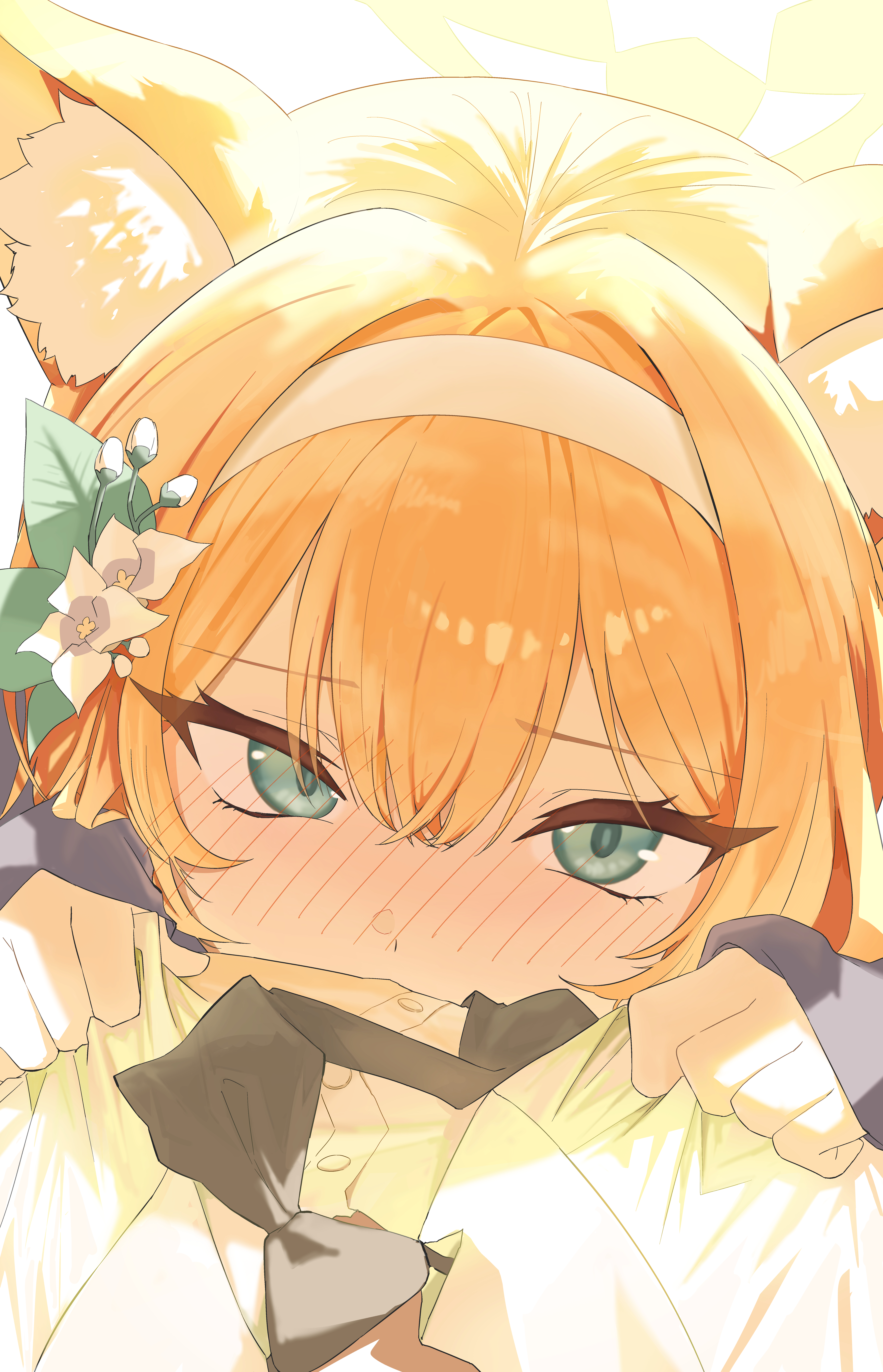 1-5iro, mari (blue archive), mari (track) (blue archive), blue archive, absurdres, commentary request, highres, 1girl, 1other, animal ear fluff, animal ears, black necktie, blonde hair, blue eyes, blush, clothes grab, flower, from above, hair flower, hair ornament, hairband, halo, long hair, long sleeves, looking at viewer, looking up, necktie, nose blush, pov, shirt, sleeves past wrists, tsurime, white hairband, white shirt, yellow halo