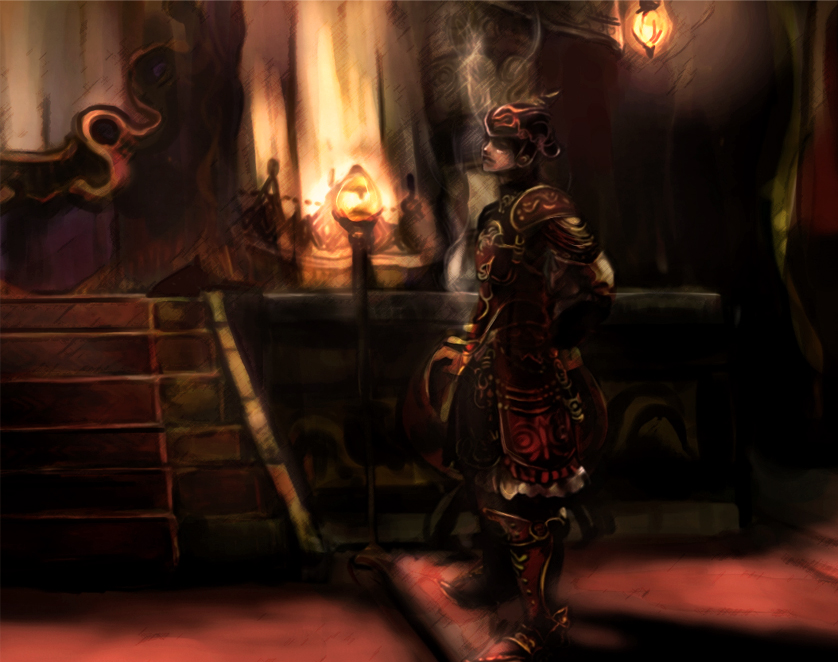 tsuyomaru, final fantasy, final fantasy xi, light, bad id, bad pixiv id, commentary, translation request, 00s, armor, hume, male focus, solo, standing, torch