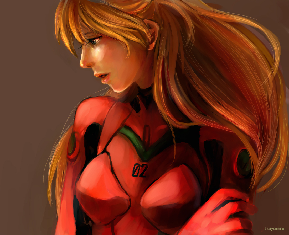 tsuyomaru, souryuu asuka langley, neon genesis evangelion, bad id, bad pixiv id, 1girl, blue eyes, brown background, female focus, holding own arm, long hair, mecha pilot suit, plugsuit (evangelion), realistic, red hair, simple background, solo