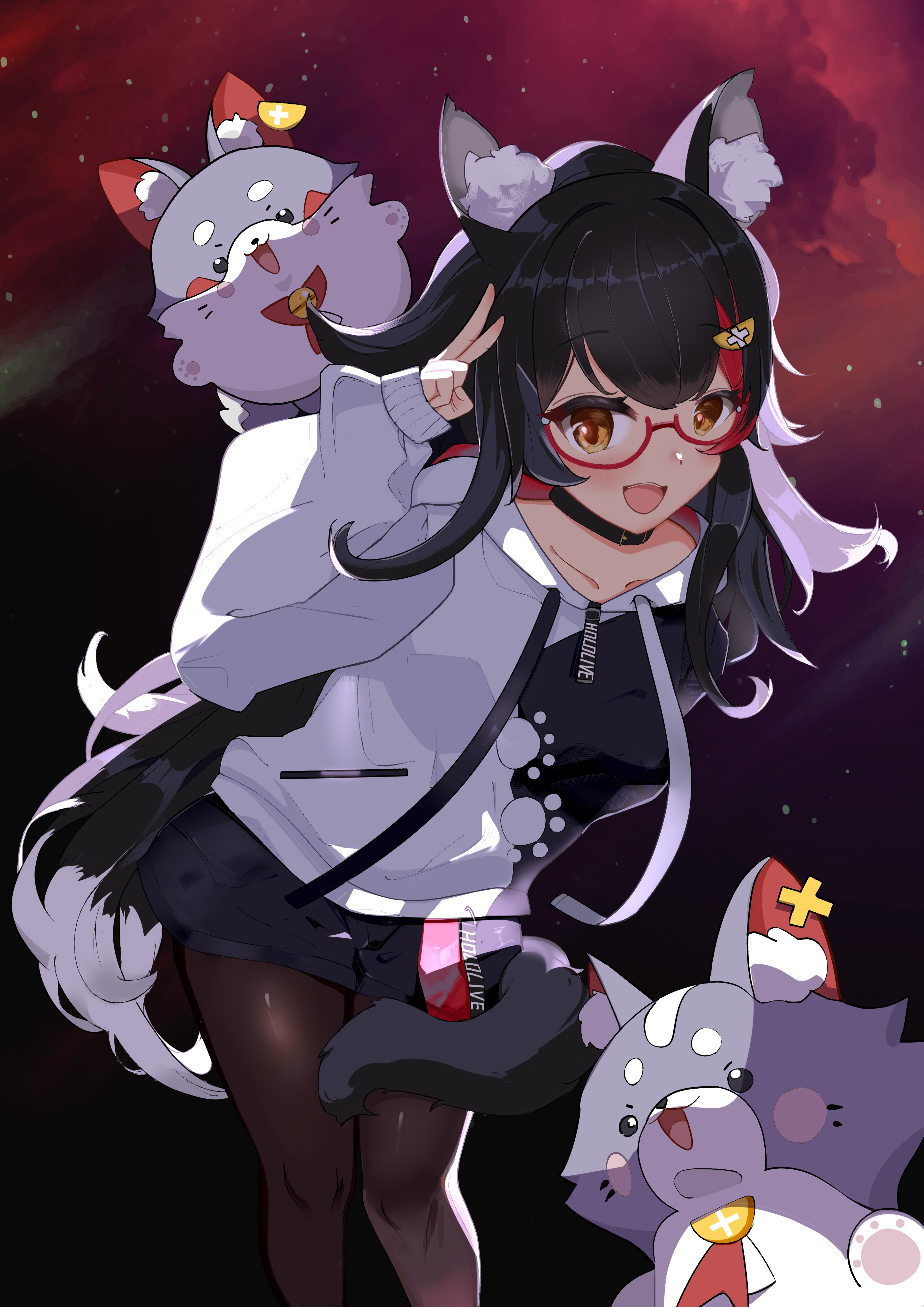 bluesandesei, miochun, miofa (ookami mio), ookami mio, ookami mio (hoodie), hololive, absurdres, commentary request, highres, 1girl, :3, animal ear fluff, animal ears, arm up, ascot, bell, bespectacled, black background, black choker, black hair, black hoodie, black pantyhose, black shorts, blush stickers, brown eyes, chibi, choker, clothes writing, collarbone, copyright name, crossed bangs, drawstring, feet out of frame, food-themed hair ornament, glasses, gradient background, grey fur, hair ornament, hood, hoodie, leaning forward, lemon hair ornament, long hair, long sleeves, looking at viewer, multicolored hair, neck bell, open mouth, pantyhose, paw print, paw print pattern, puffy long sleeves, puffy sleeves, red-framed eyewear, red ascot, red background, red hair, salute, short shorts, shorts, sidelighting, sleeves past wrists, smile, streaked hair, tail, tail around own leg, teeth, two-finger salute, two-tone hoodie, upper teeth only, very long hair, white fur, white hair, white hoodie, wolf, wolf ears, wolf girl, wolf tail, x hair ornament, zipper pull tab