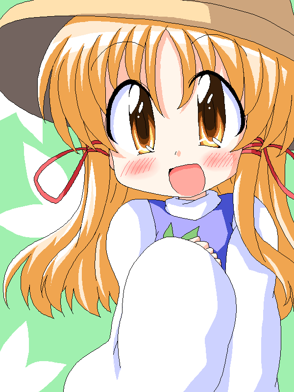 geetsu, moriya suwako, touhou, 1girl, blonde hair, blush, bow, female focus, hat, long sleeves, open mouth, ribbon, smile, solo, suwako, yellow eyes