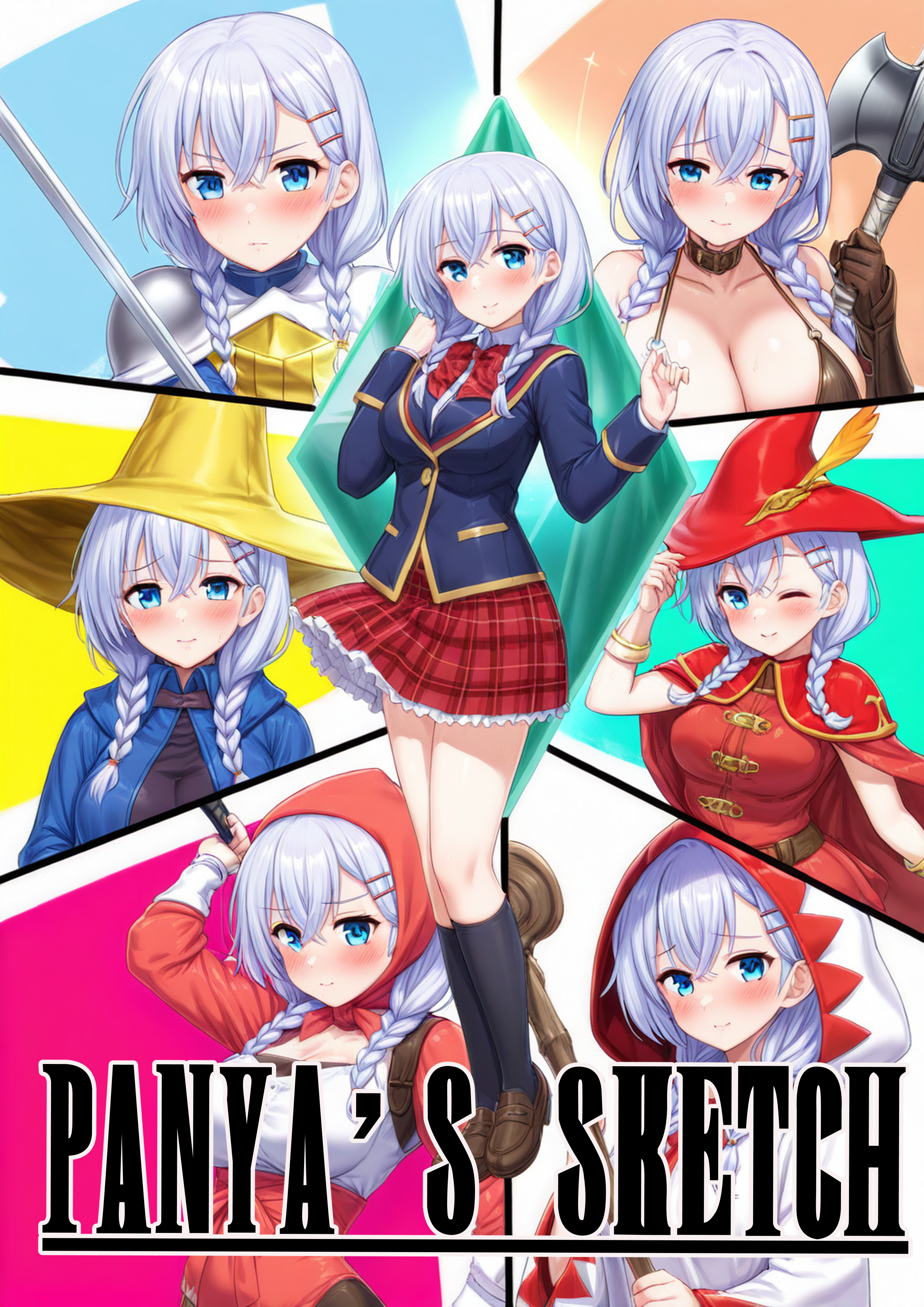 murakami fumio, final fantasy, girlfriend (kari), tagme, 1girl, aqua eyes, artist name, ax, black socks, blazer, blue jacket, bow, braid, breasts, cleavage, closed mouth, cosplay, crossover, front braid, hair ornament, hair over shoulder, hairclip, hat, jacket, kneehighs, long hair, looking at viewer, panyasketch, plaid clothes, plaid skirt, pleated skirt, red bow, red skirt, school uniform, shirt, shoes, sitting, skirt, smile, socks, solo, sword, twin braids, weapon, white shirt, yellow hat