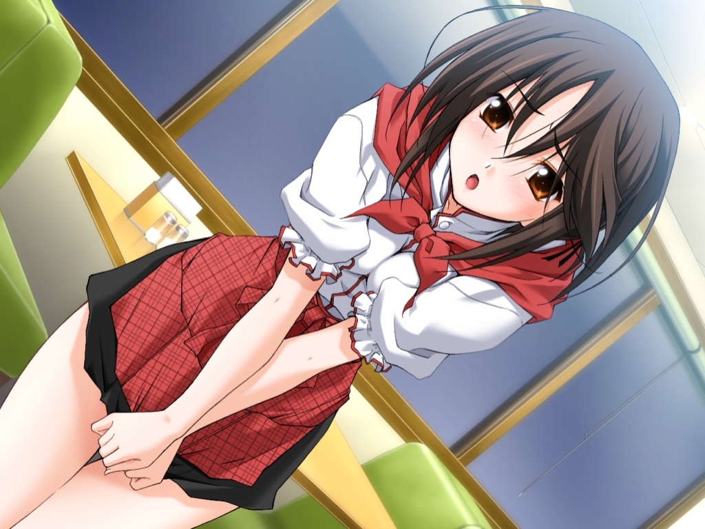 matsuo yukihiro, sendou mahiro, sendou mahiru, memories off, memories off#5, plaid, game cg, 1girl, apron, black hair, blush, brown eyes, brown hair, covering privates, embarrassed, female focus, open mouth, orange eyes, school uniform, short hair, skirt, skirt tug, solo, table, thigh gap, thighs, waitress, window
