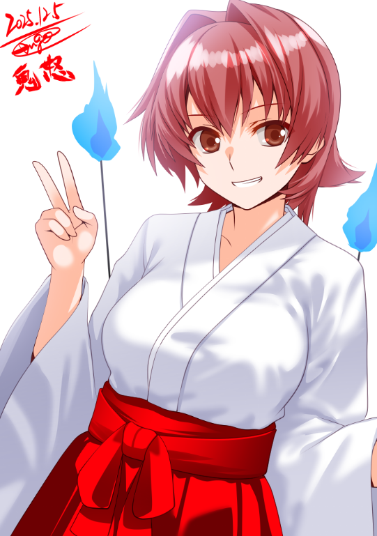 engo (aquawatery), kinu (kancolle), kantai collection, commentary request, translation request, 1girl, breasts, brown eyes, grin, hakama, hakama skirt, japanese clothes, large breasts, looking at viewer, medium hair, miko, pink hair, red hakama, skirt, smile, solo, teeth, v