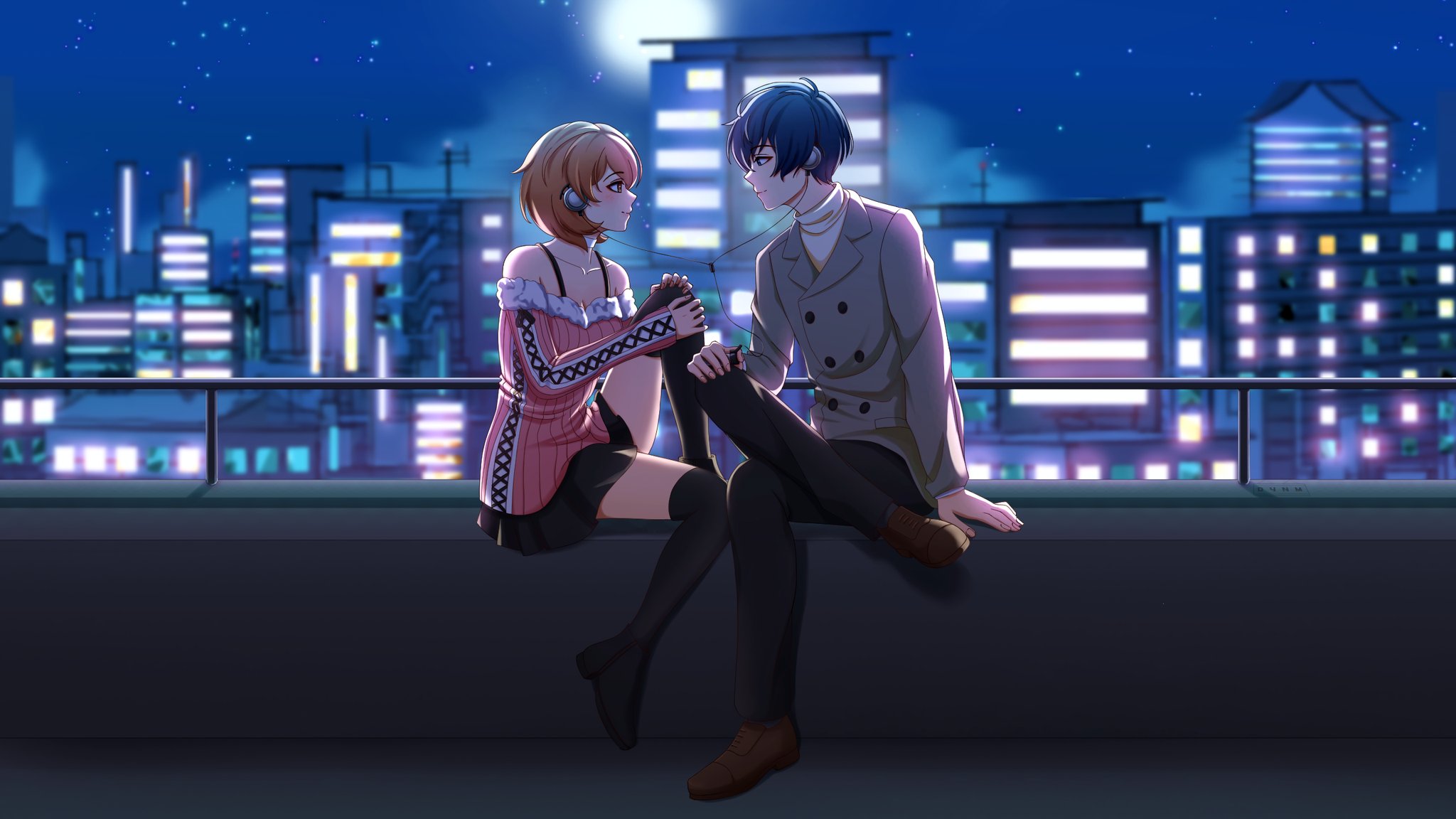 takeba yukari, yuuki makoto (persona 3), persona, persona 3, persona 3 reload, commentary, commission, english commentary, highres, 1boy, 1girl, ankle boots, bare shoulders, black pants, black skirt, black thighhighs, blue hair, blurry, blurry background, blush, boots, brown eyes, brown hair, brown shoes, building, buttons, choker, city, cityscape, closed mouth, cloud, cloudy sky, coat, collarbone, couple, cross-laced clothes, cross-laced sleeves, cross-laced sweater, dynm art, earphones, flipped hair, from side, full body, fur-trimmed sweater, fur trim, grey coat, hands on own knee, hetero, knee up, listening to music, long sleeves, looking at another, miniskirt, night, night sky, off-shoulder sweater, off shoulder, official alternate costume, outdoors, pants, pink sweater, profile, railing, ribbed sweater, shared earphones, shoes, short hair, sitting, skirt, sky, smile, star (sky), starry sky, strap, sweater, thighhighs, turtleneck, turtleneck sweater, white choker, white sweater