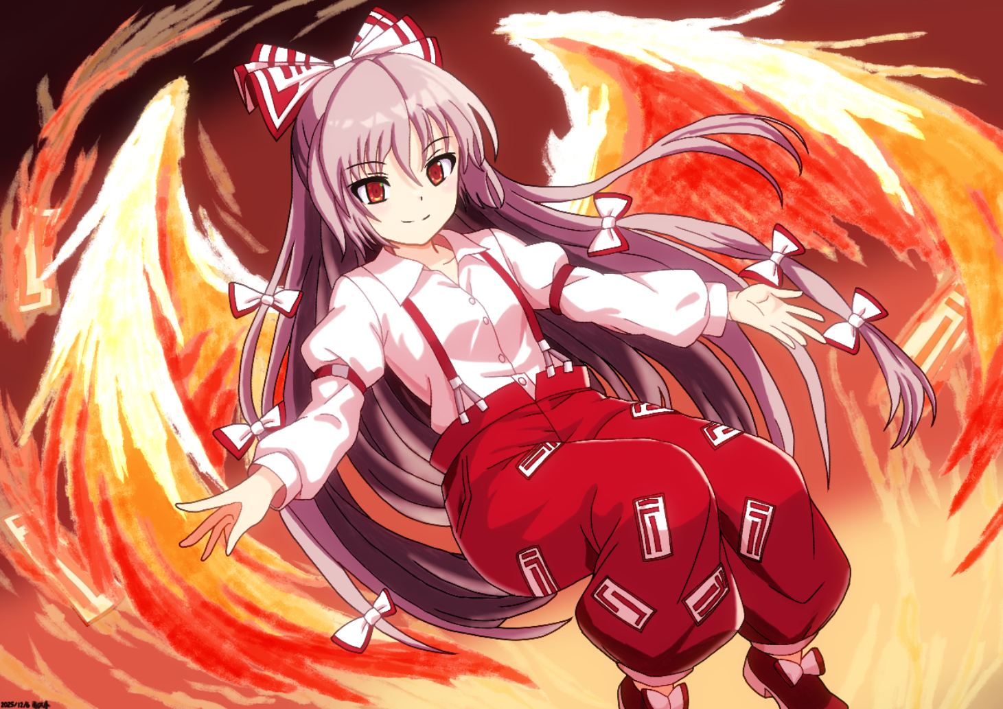 mist9801km, fujiwara no mokou, touhou, commentary request, 1girl, bow, closed mouth, collared shirt, fiery wings, fire, grey hair, hair bow, long hair, long sleeves, looking at viewer, multiple hair bows, ofuda, ofuda on clothes, pants, pyrokinesis, red eyes, red pants, red shoes, shirt, shoes, smile, solo, suspenders, very long hair, white bow, white shirt, wings