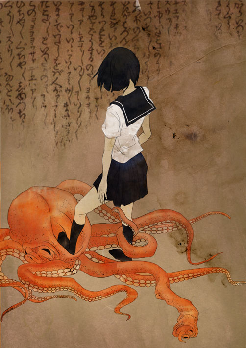 mashi, original, the dream of the fisherman's wife, 1girl, animal cruelty, black hair, black socks, bob cut, cursive, female focus, fine art parody, nihonga, octopus, parody, school uniform, serafuku, short hair, skirt, socks, solo, stomping, tentacles, ukiyo-e