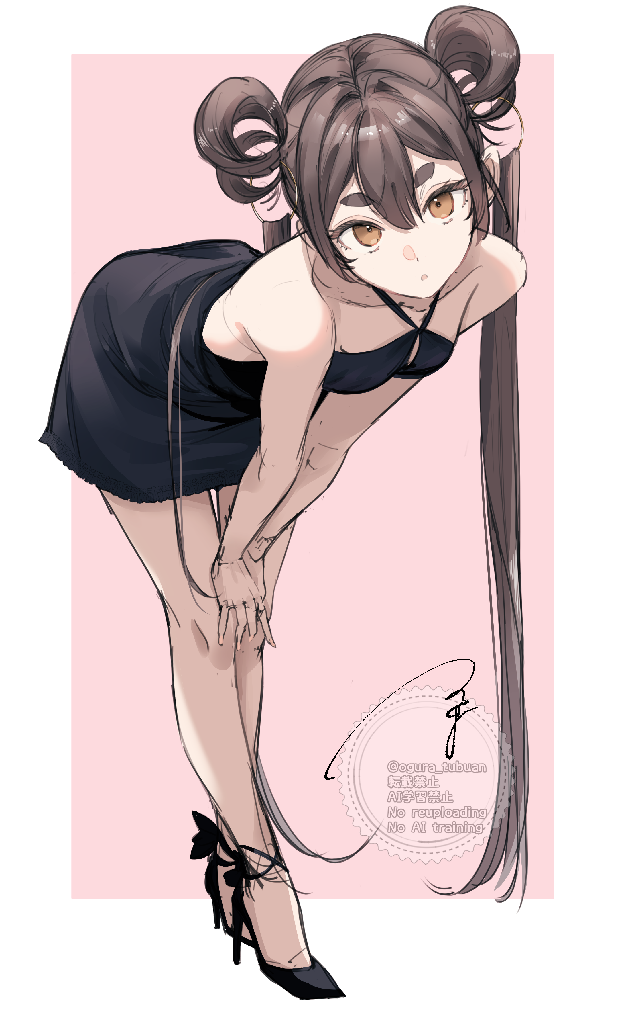 ogura tubuan, original, absurdres, commentary request, highres, 1girl, backless dress, backless outfit, bare shoulders, black dress, black shoes, breasts, brown eyes, brown hair, cleavage, cleavage cutout, clothing cutout, collarbone, dress, frown, full body, hair rings, halterneck, hands on own knees, high heels, leaning, leaning forward, looking at viewer, shoes, short dress, signature, simple background, small breasts, solo, thick eyebrows, twintails, twitter username