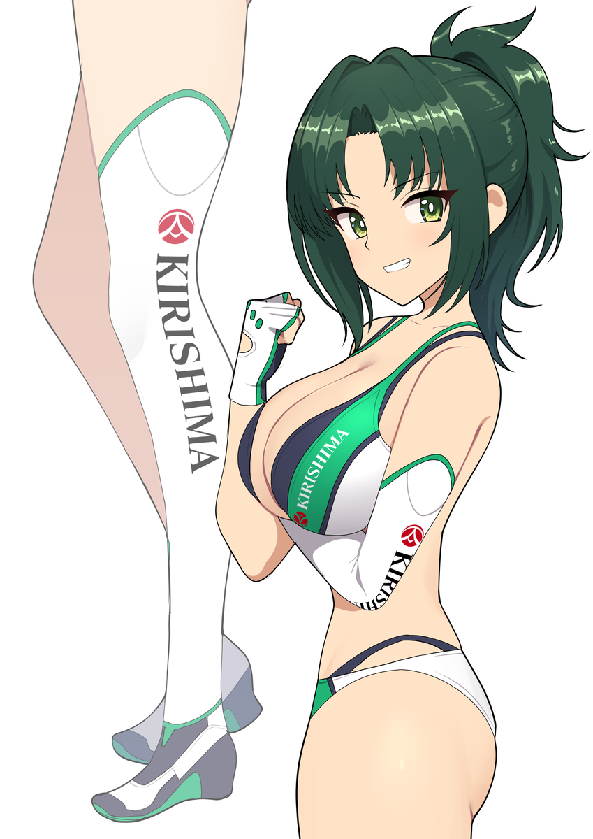 poruporu, harunami anri, dolphin wave, highres, 1girl, breasts, cleavage, gloves, green eyes, green hair, head tilt, multiple views, navel, ponytail, simple background, swimsuit, thighs