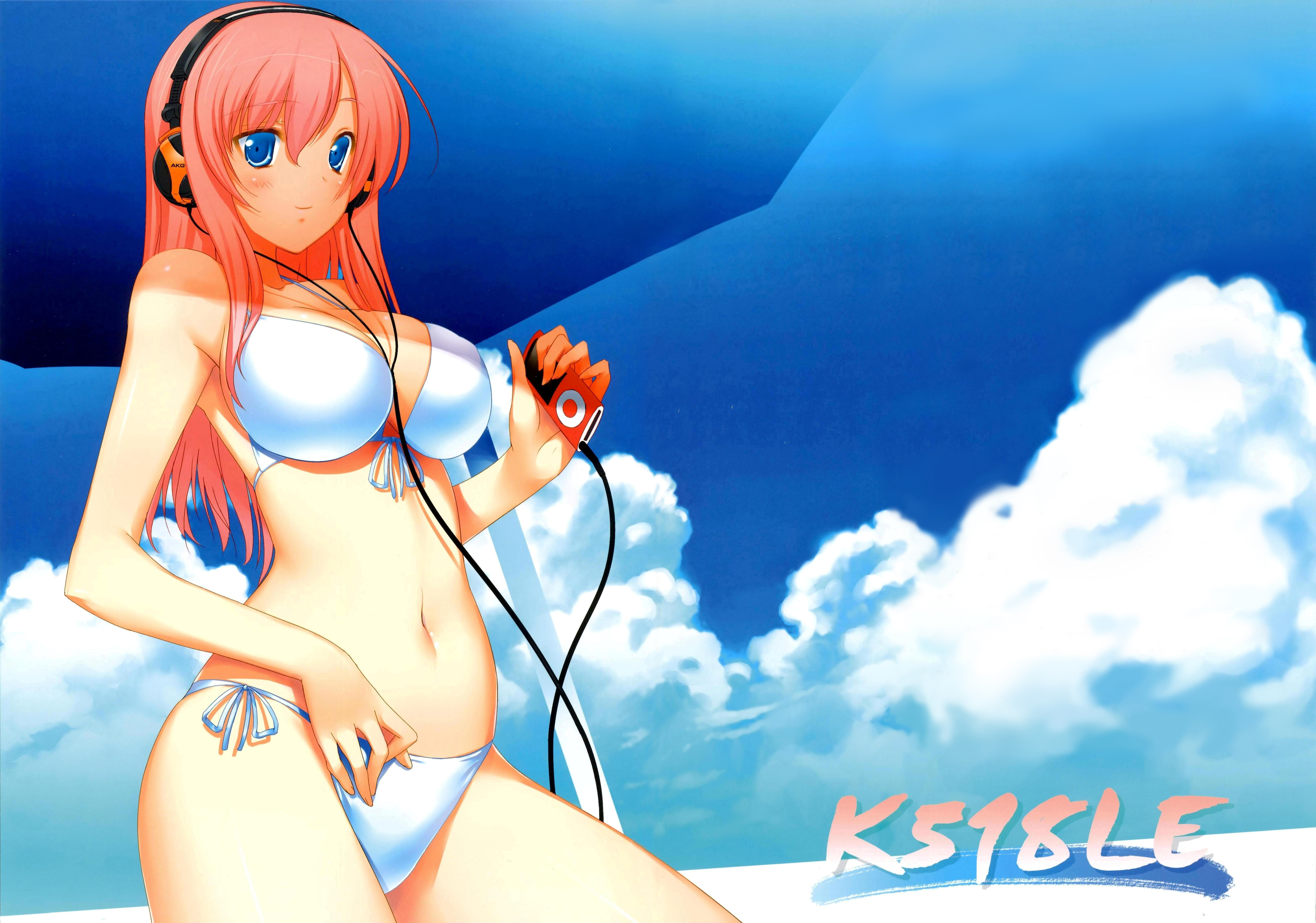 47agdragon, megurine luka, vocaloid, absurdres, highres, scan, 1girl, bikini, blue eyes, cloud, crease, day, female focus, front-tie top, headphones, ipod, ipod nano, ipod nano 4g, mp3 player, pink hair, side-tie bikini bottom, sky, smile, solo, swimsuit, white bikini