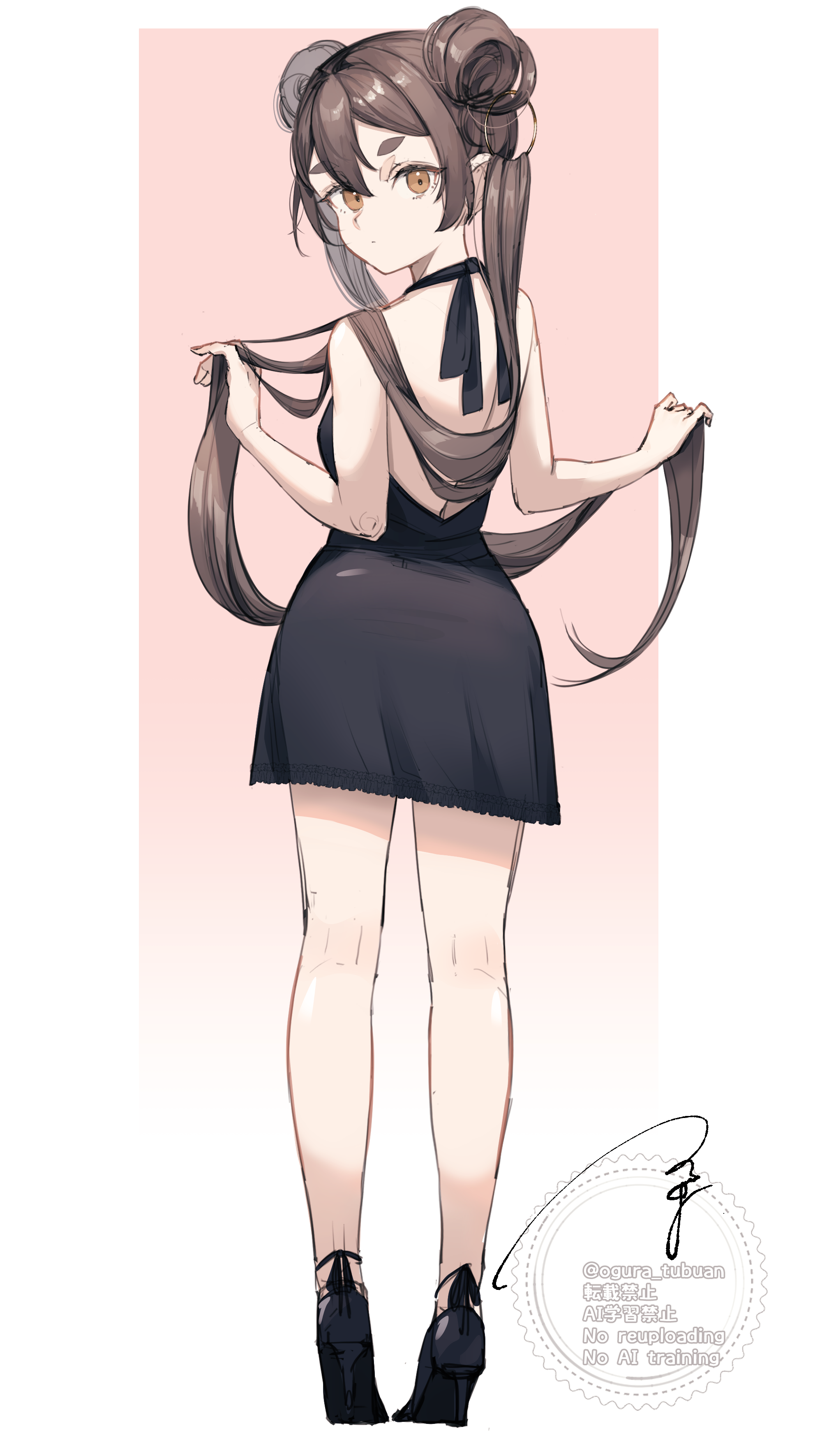 ogura tubuan, original, absurdres, highres, 1girl, artist name, back, backless dress, backless outfit, bare arms, bare shoulders, black dress, black ribbon, black shoes, brown eyes, brown hair, closed mouth, double bun, dress, from behind, full body, gradient background, hair bun, halter dress, halterneck, high heels, holding, holding own hair, long hair, long sleeves, looking at viewer, pink background, ribbon, shoes, signature, sleeveless, sleeveless dress, solo, standing, thick eyebrows, twitter username, white background
