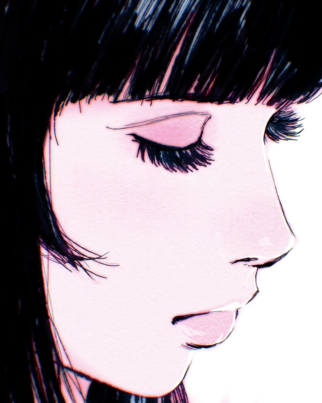 ilya kuvshinov, original, highres, 1girl, black hair, close-up, closed eyes, closed mouth, lips, medium hair, monochrome, portrait, solo, white background