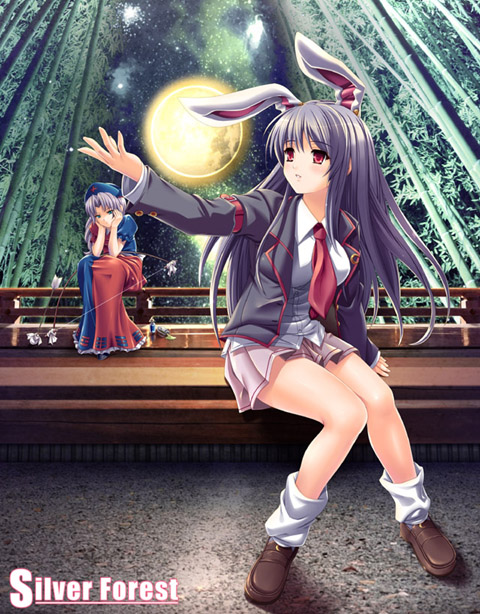 rakujin, reisen udongein inaba, yagokoro eirin, silver forest, touhou, silver hair, 2girls, album cover, animal ears, arrow (projectile), bamboo, bamboo forest, bow (weapon), collar, cover, female focus, forest, full moon, jacket, miniskirt, moon, multiple girls, nature, necktie, rabbit ears, red eyes, sitting, skirt, weapon