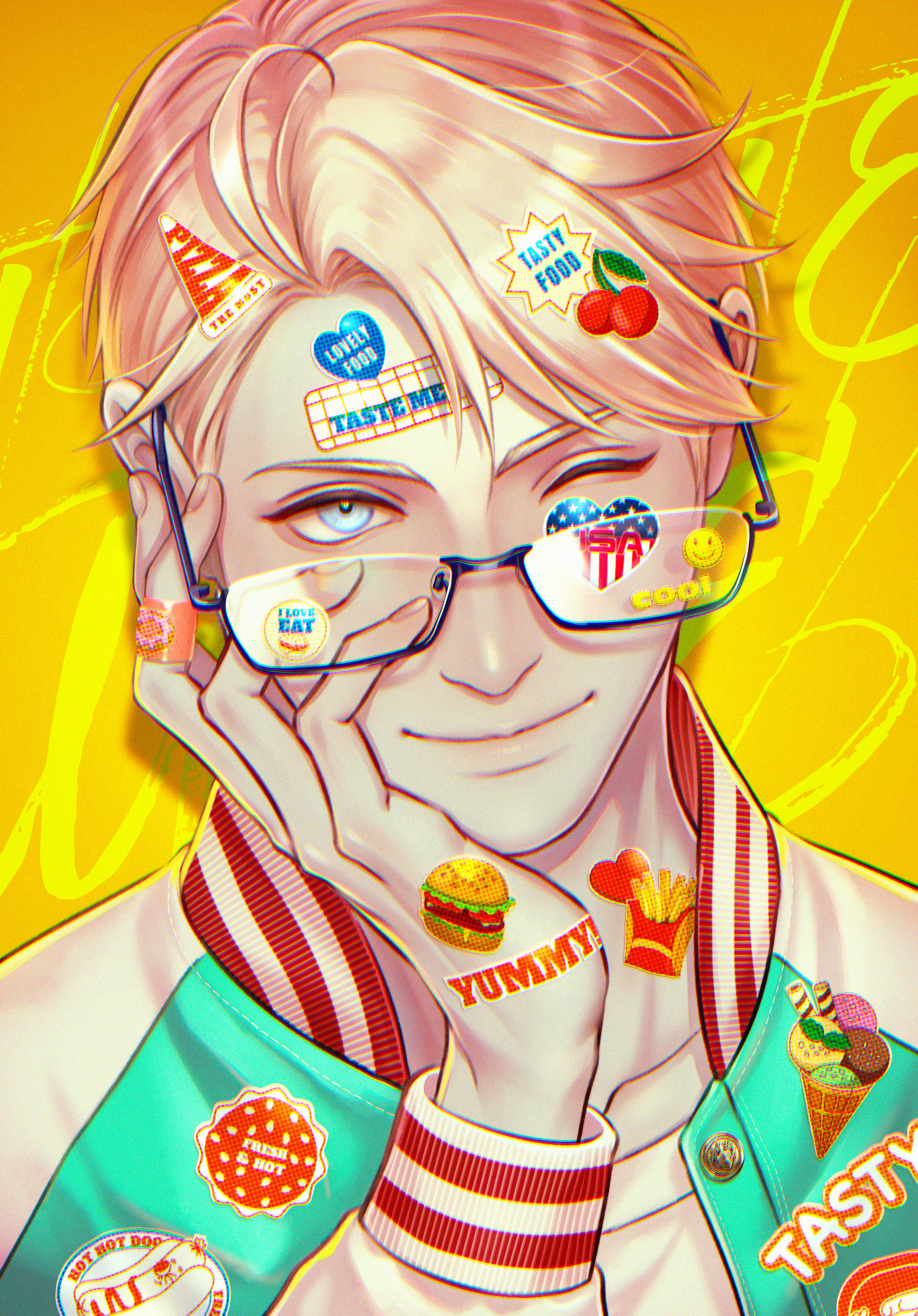 npyon, america (hetalia), axis powers hetalia, absurdres, commentary, highres, symbol-only commentary, 1boy, ahoge, american flag, aqua jacket, black-framed eyewear, blonde hair, blue eyes, buttons, closed mouth, collarbone, fingernails, glasses, hand on own face, hand up, heart, heart sticker, jacket, letterman jacket, lips, long sleeves, looking at viewer, male focus, one eye closed, open clothes, open jacket, puffy long sleeves, puffy sleeves, semi-rimless eyewear, shadow, shirt, short hair, smile, solo, sticker, sticker on clothes, sticker on face, t-shirt, text background, two-sided fabric, two-sided jacket, upper body, white jacket, white shirt, yellow background