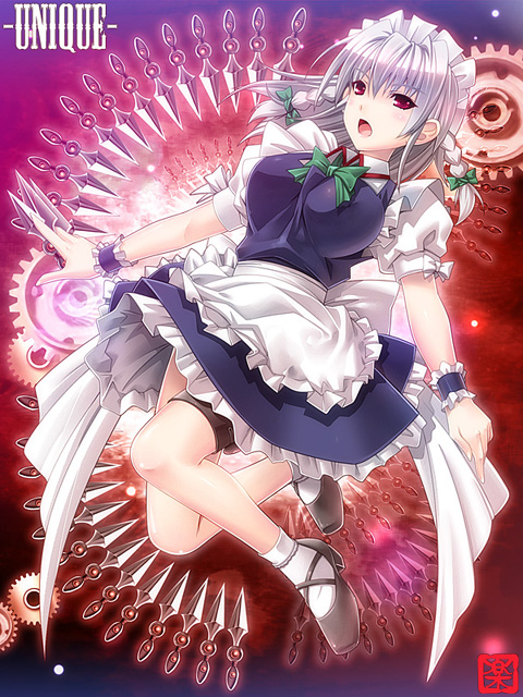 rakujin, izayoi sakuya, touhou, 1girl, album cover, braid, cover, female focus, gears, knife, maid headdress, solo, throwing knife, twin braids, weapon